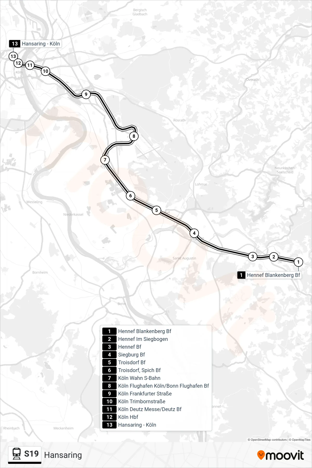 Linie S19 (Bahn) Richtung Hansaring: Route und Haltestellen auf der Karte