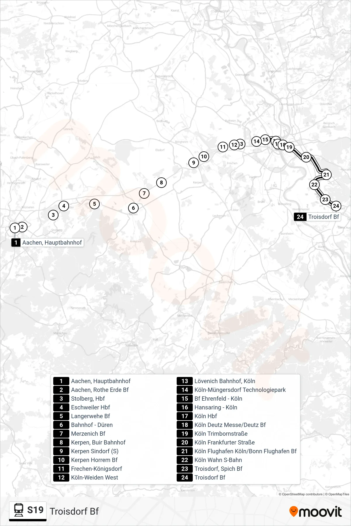 Linie S19 (Bahn) Richtung Troisdorf Bf: Route und Haltestellen auf der Karte