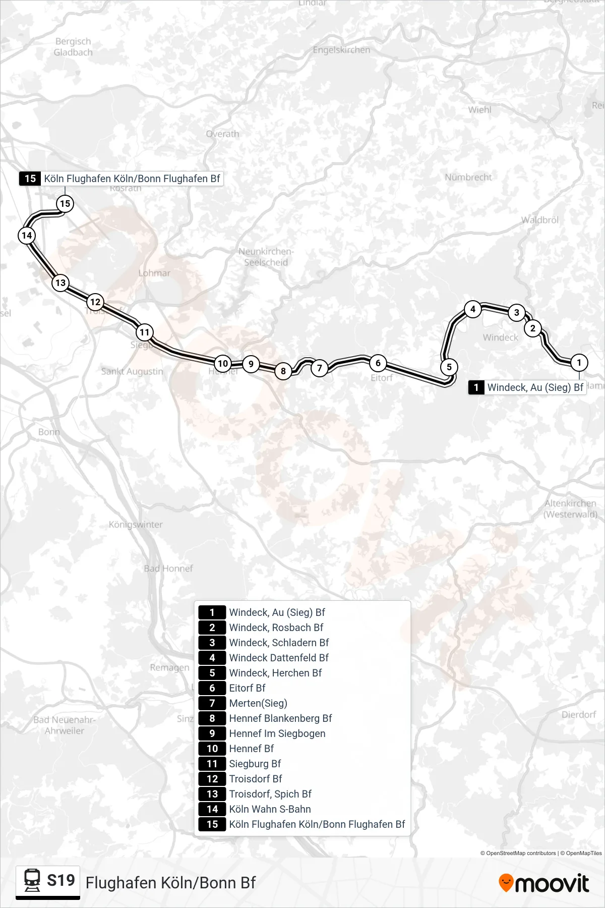 Linie S19 (Bahn) Richtung Flughafen Köln/Bonn Bf: Route und Haltestellen auf der Karte