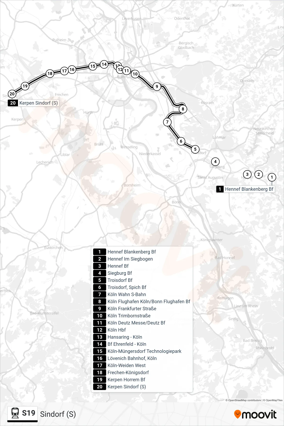 Linie S19 (Bahn) Richtung Sindorf (S): Route und Haltestellen auf der Karte