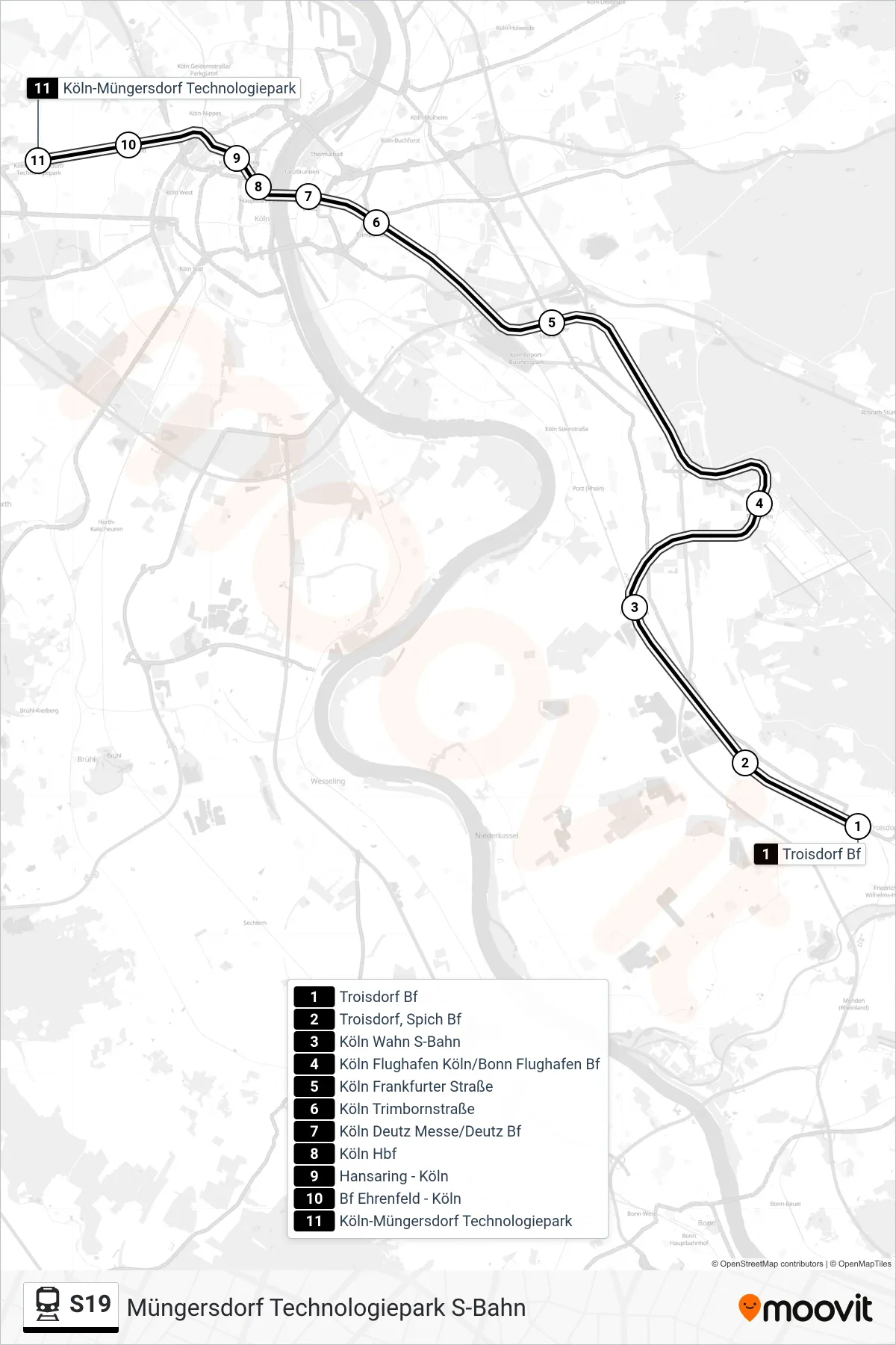 S19 train Line (Müngersdorf Technologiepark S-Bahn) route and stops on a map