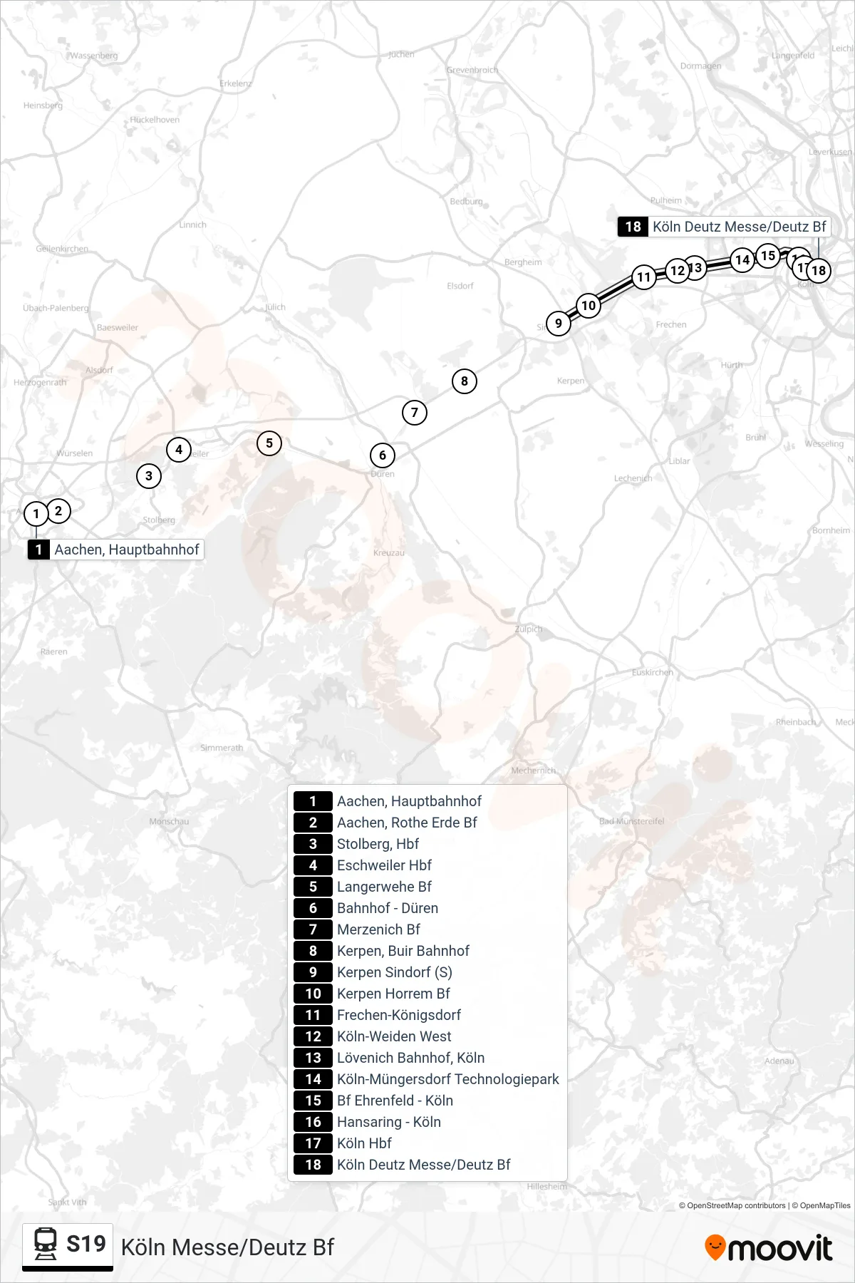 Linie S19 (Bahn) Richtung Köln Messe/Deutz Bf: Route und Haltestellen auf der Karte