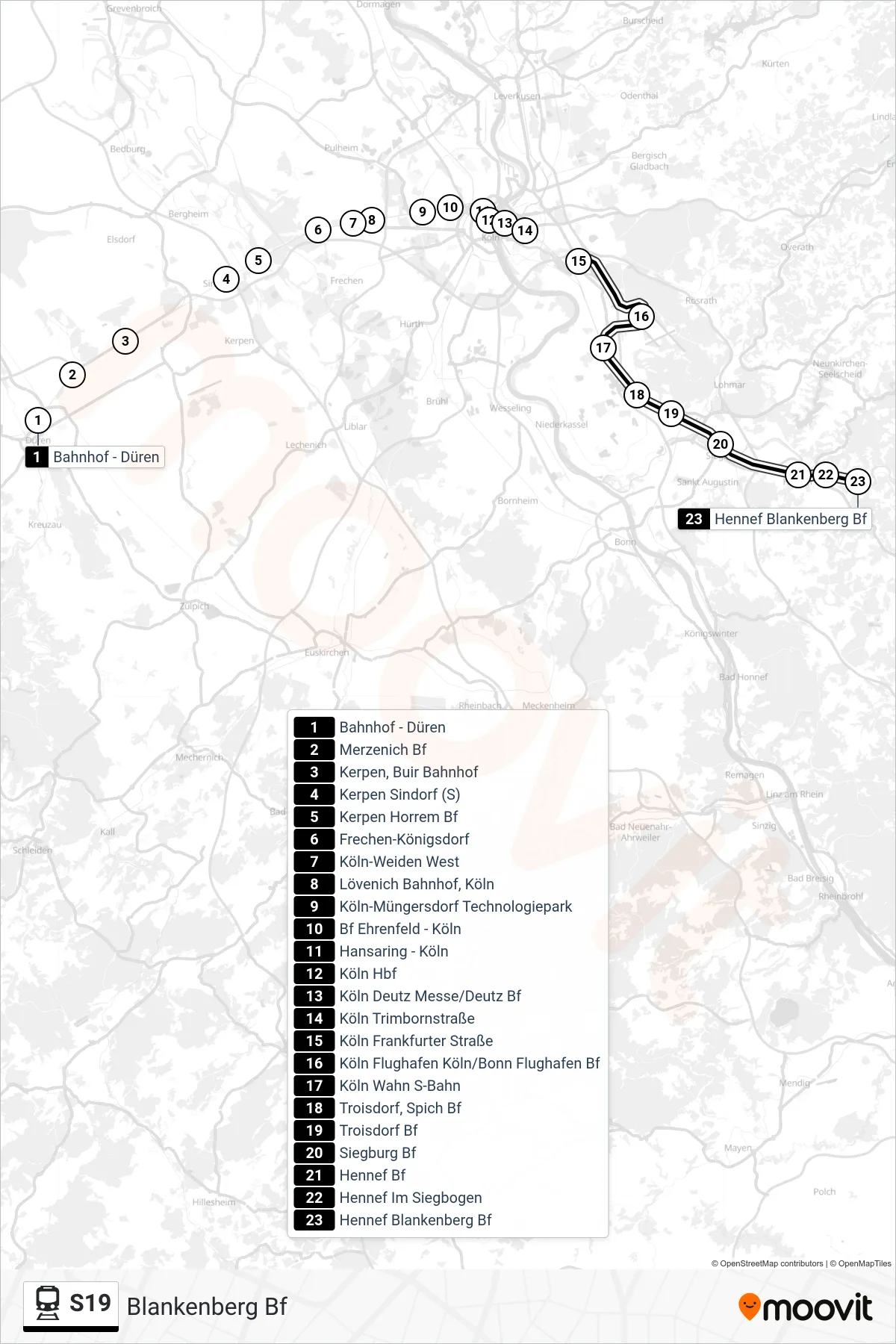 Linie S19 (Bahn) Richtung Blankenberg Bf: Route und Haltestellen auf der Karte