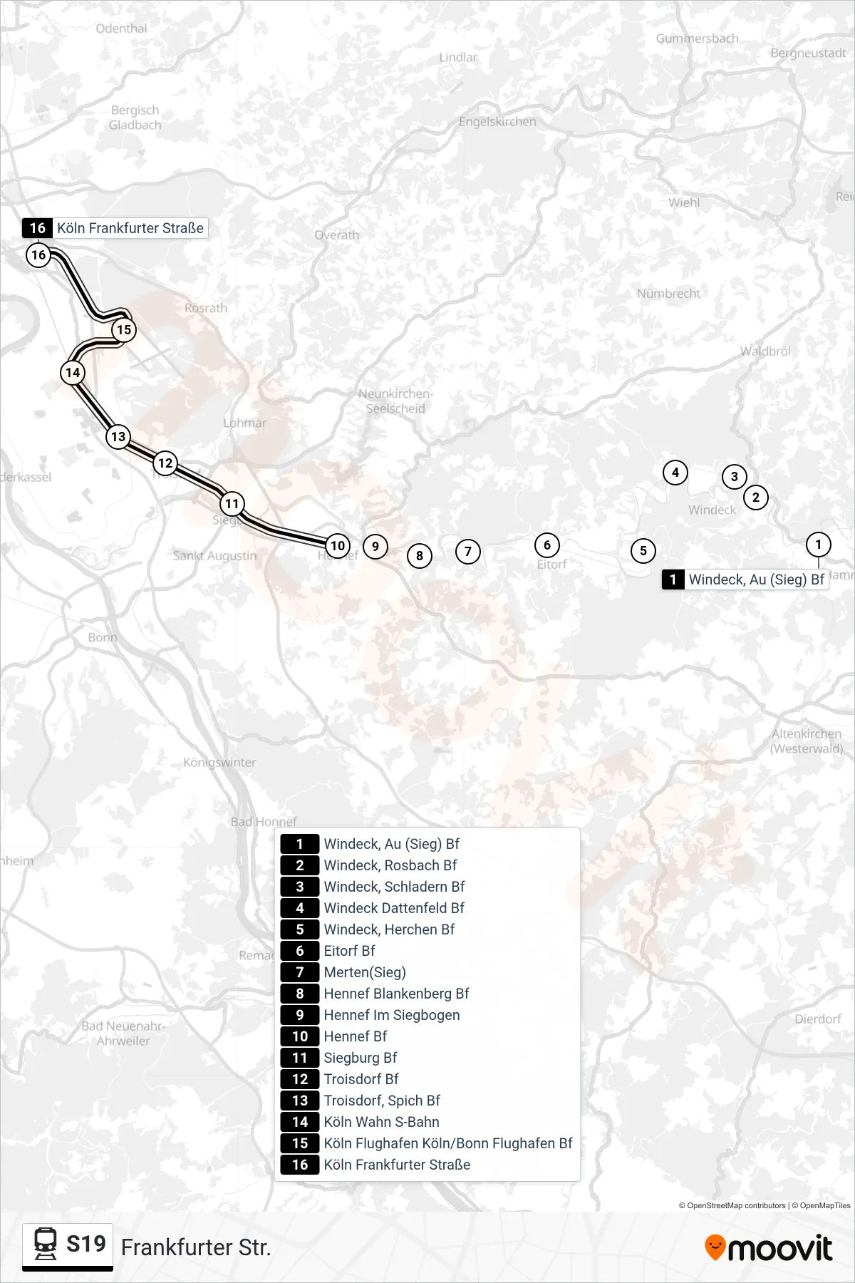 Linie S19 (Bahn) Richtung Frankfurter Str.: Route und Haltestellen auf der Karte