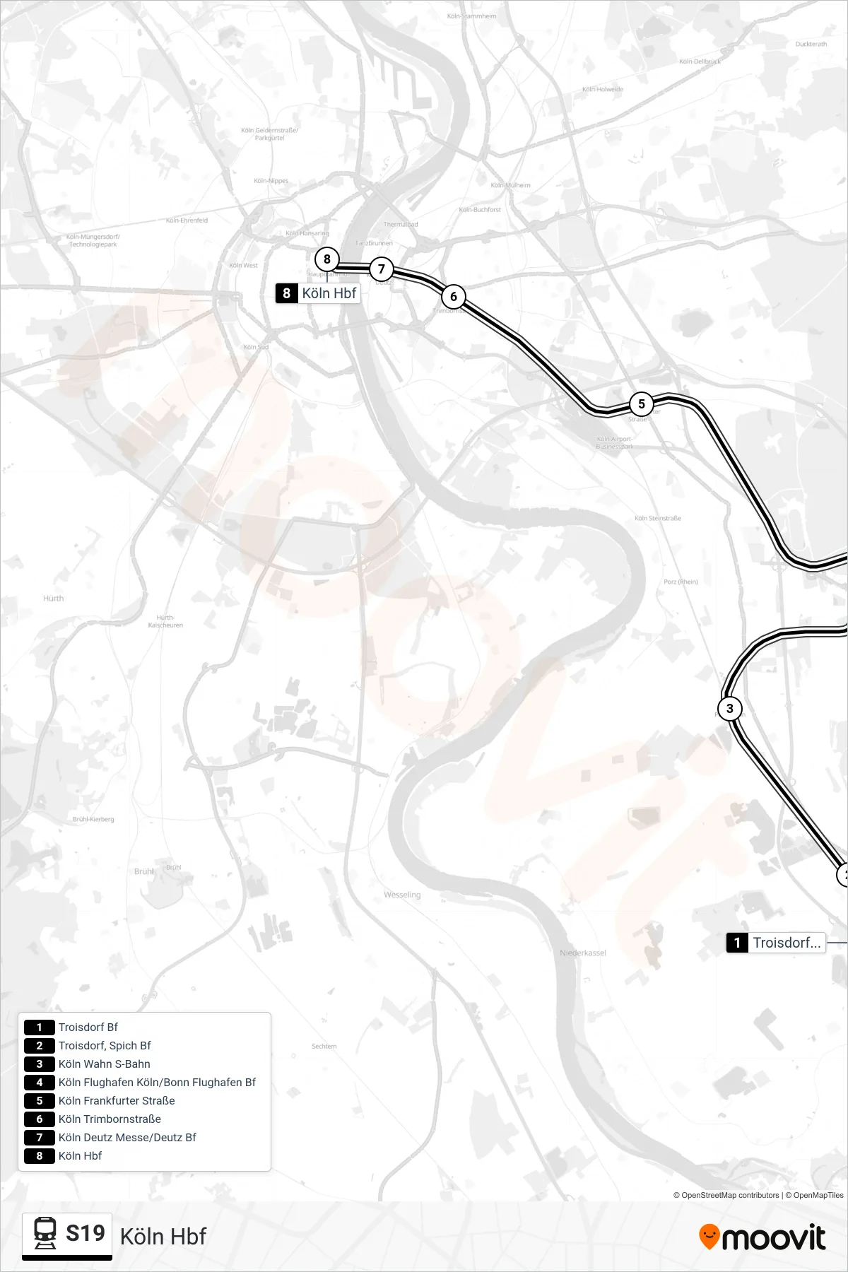 Linie S19 (Bahn) Richtung Köln Hbf: Route und Haltestellen auf der Karte