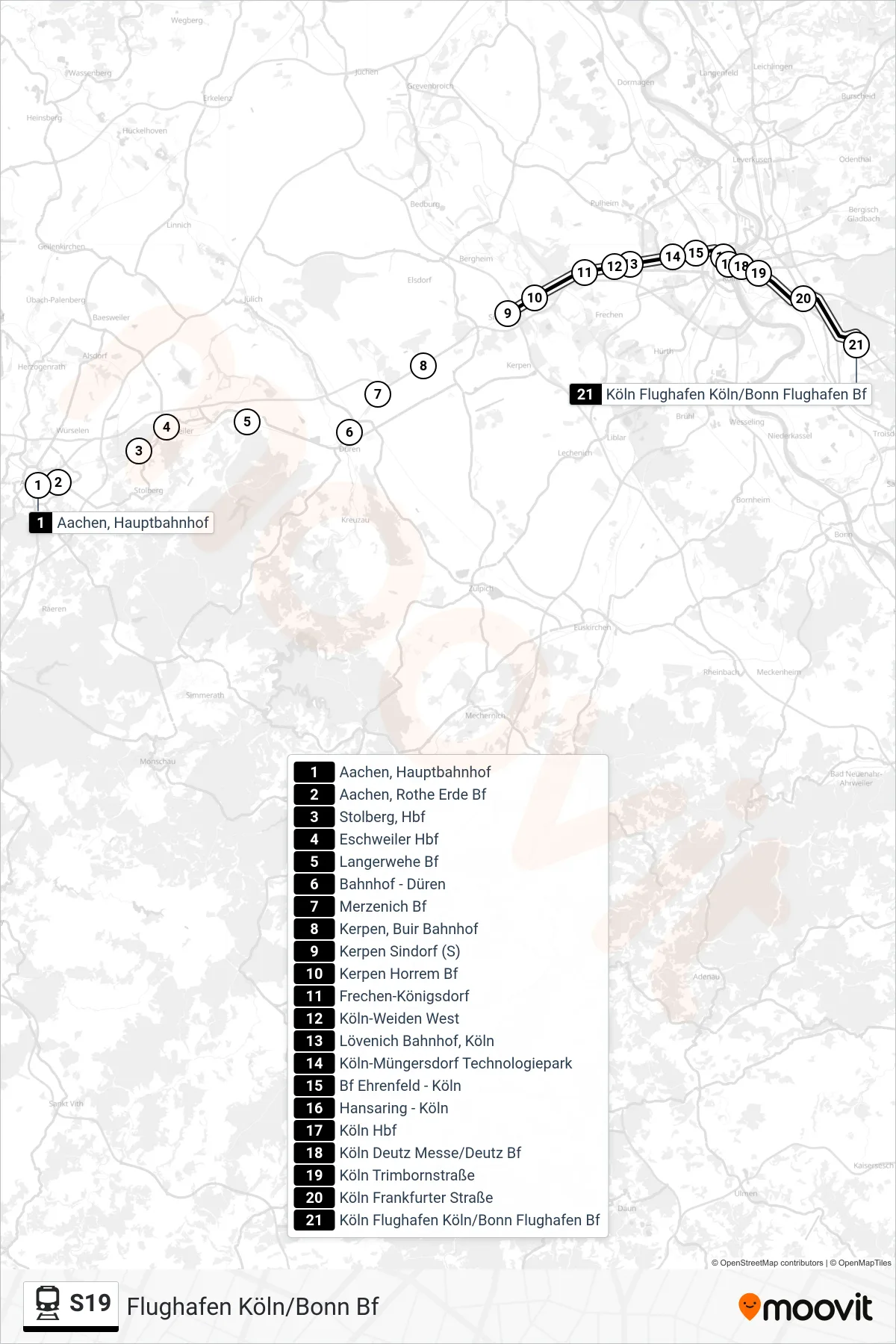 S19 rail Line (Flughafen Köln/Bonn Bf) route and stops on a map