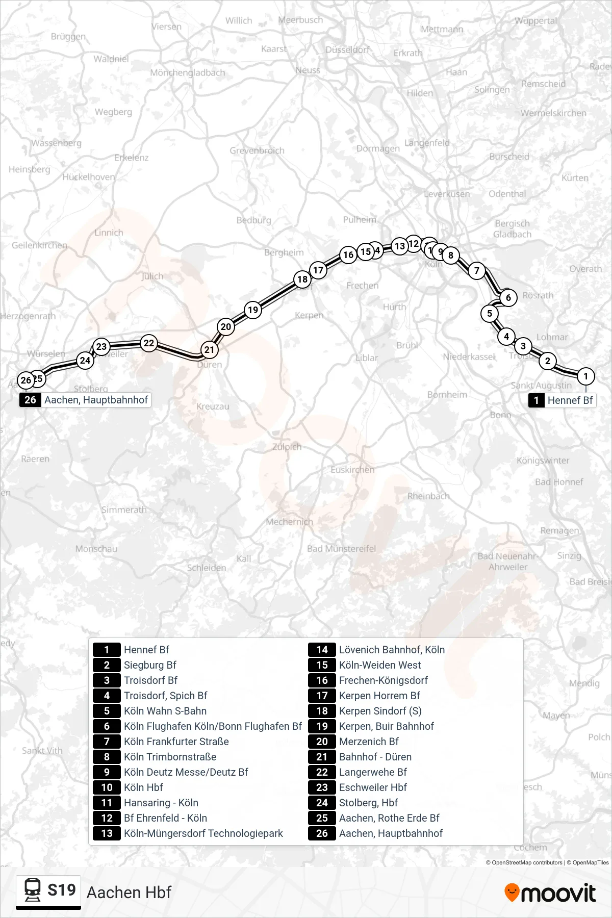 Linie S19 (Bahn) Richtung Aachen Hbf: Route und Haltestellen auf der Karte