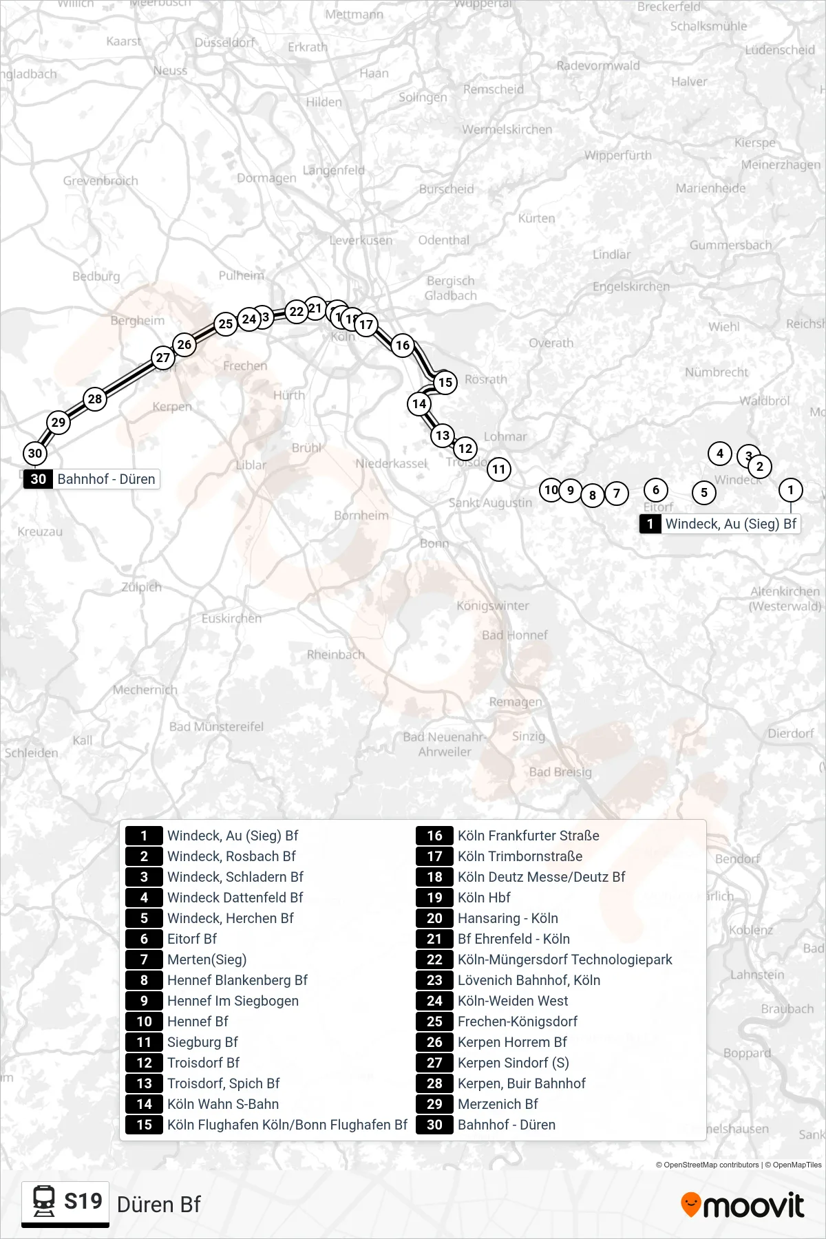 Linie S19 (Bahn) Richtung Düren Bf: Route und Haltestellen auf der Karte
