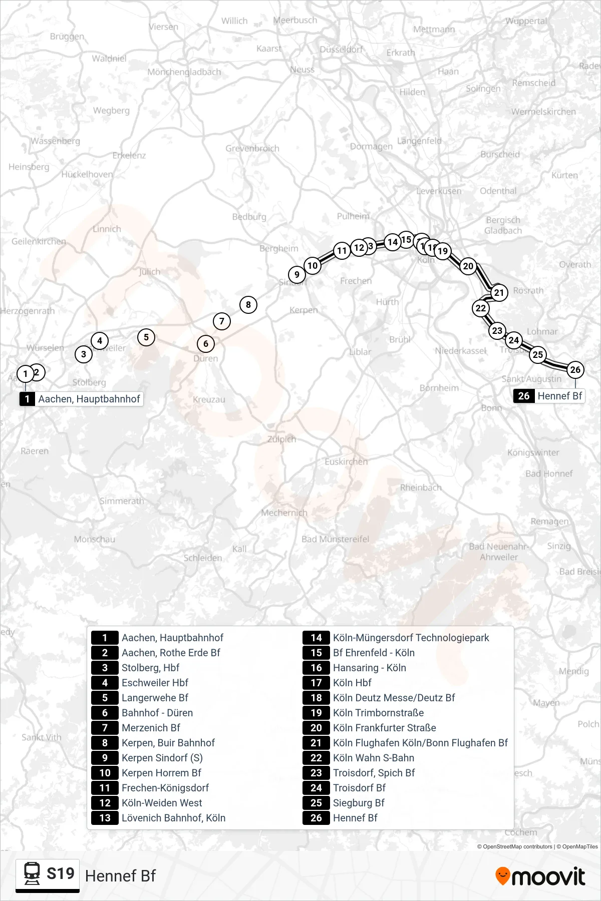 Linie S19 (Bahn) Richtung Hennef Bf: Route und Haltestellen auf der Karte