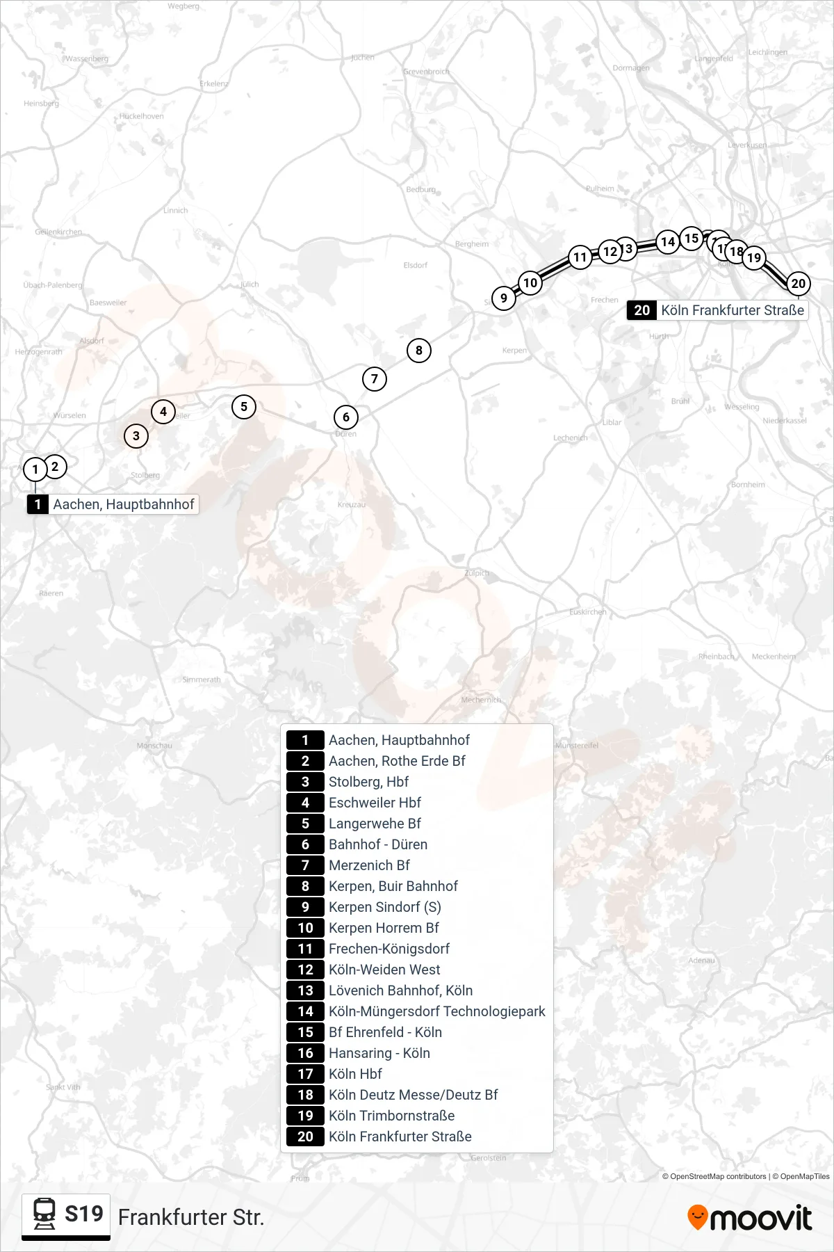 S19 rail Line (Frankfurter Str.) route and stops on a map