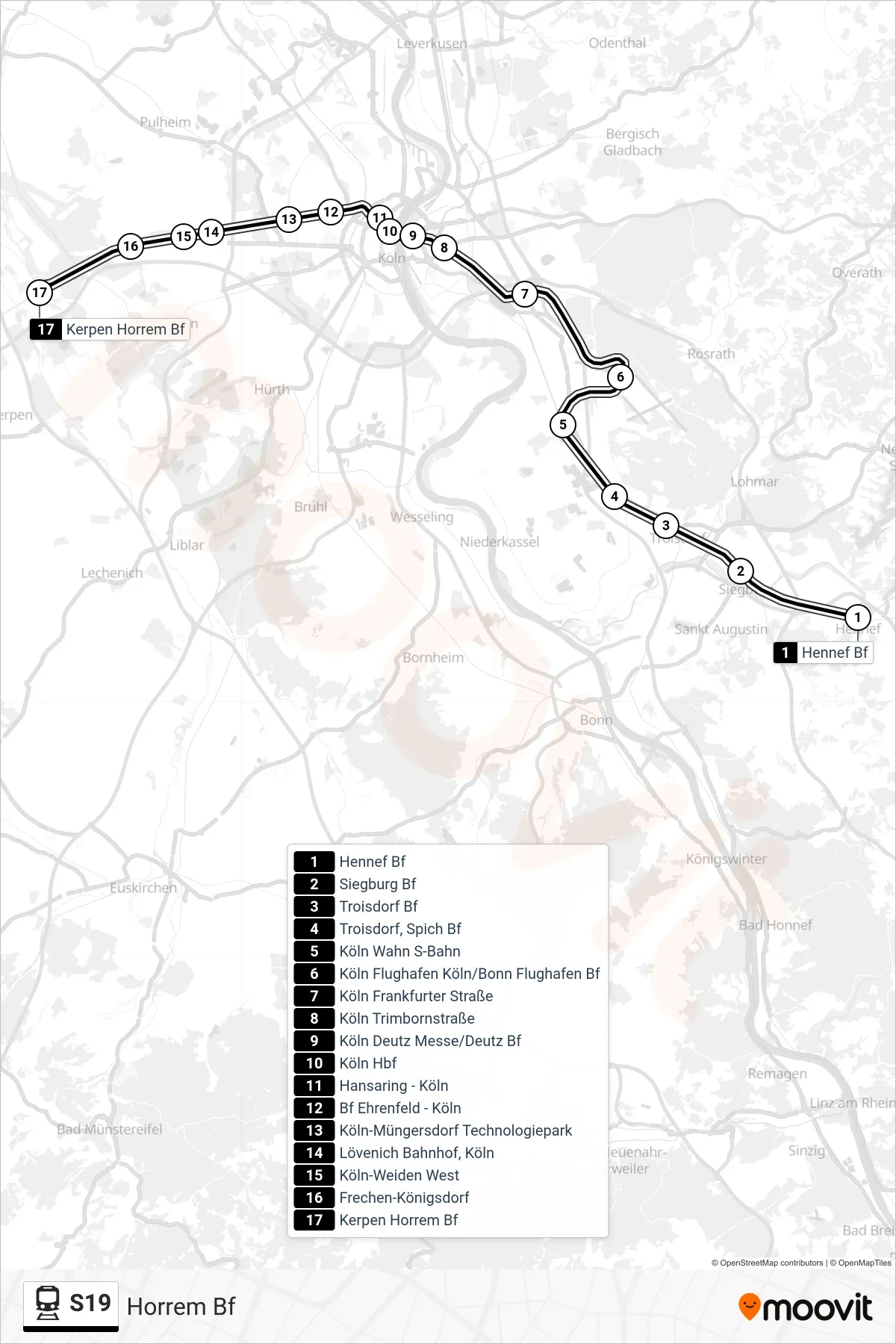 S19 rail Line (Horrem Bf) route and stops on a map