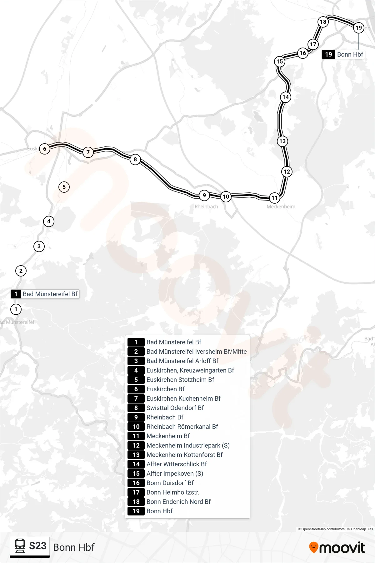 Linie S23 (Bahn) Richtung Bonn Hbf: Route und Haltestellen auf der Karte
