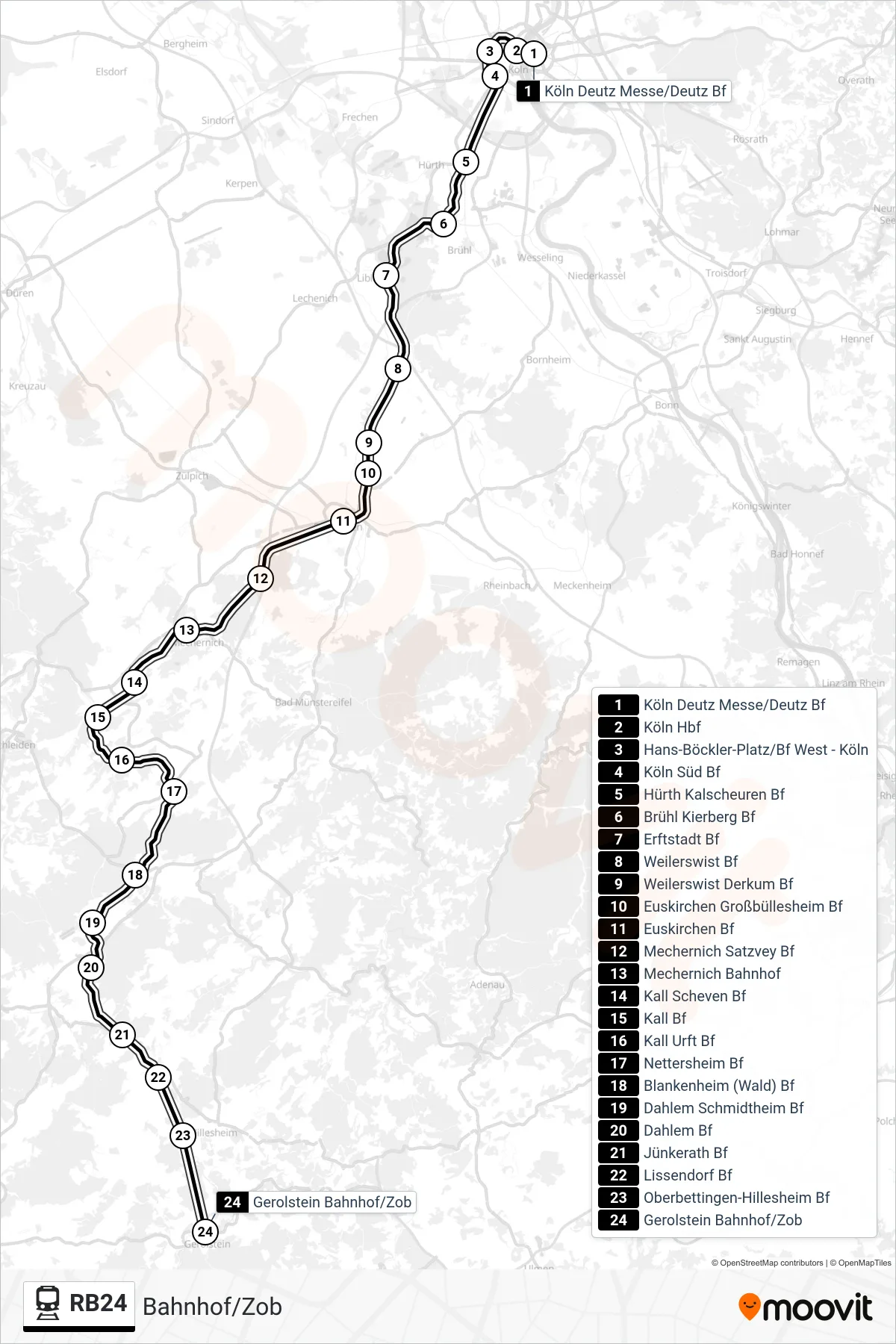 Linie RB24 (Bahn) Richtung Bahnhof/Zob: Route und Haltestellen auf der Karte