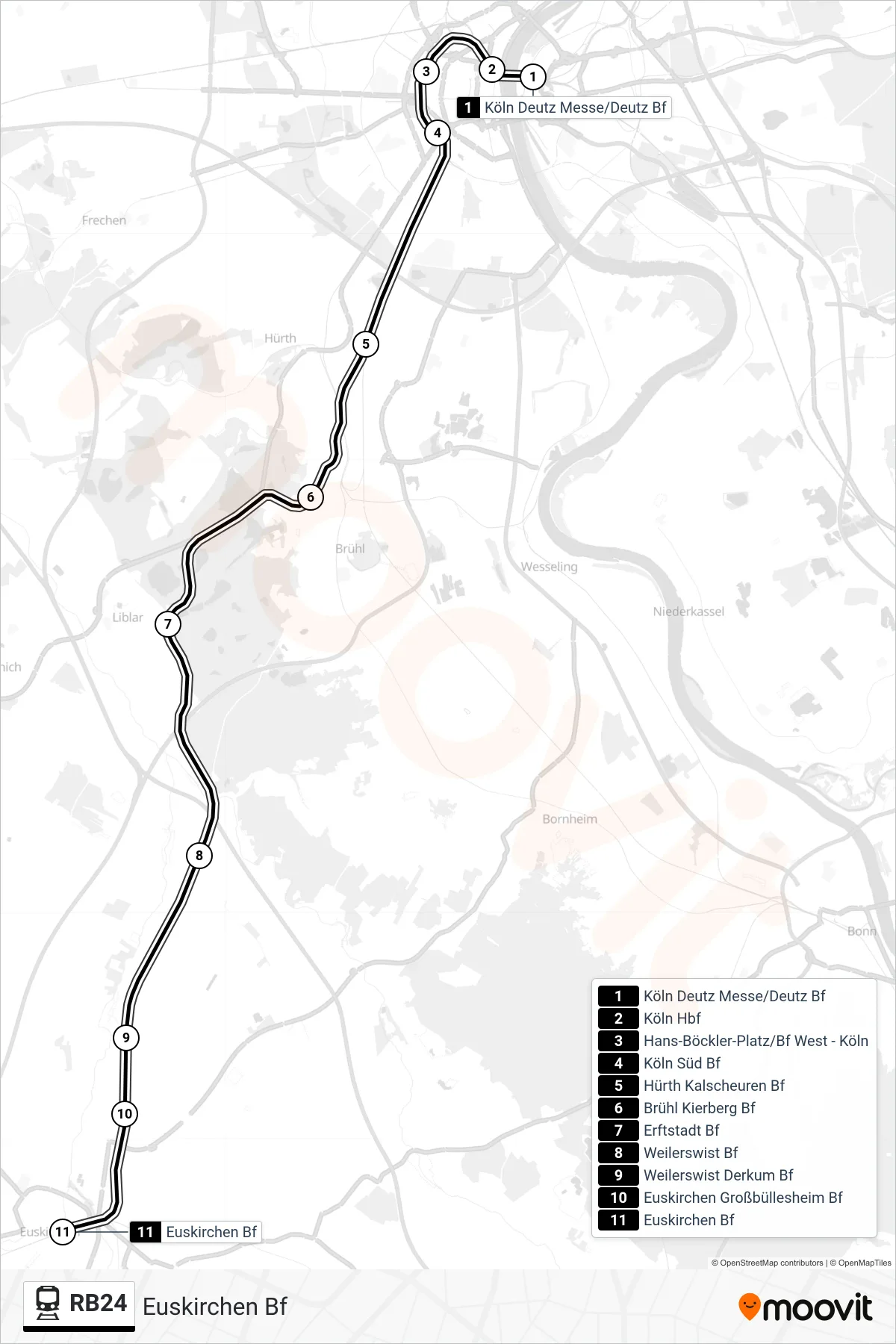 Linie RB24 (Bahn) Richtung Euskirchen Bf: Route und Haltestellen auf der Karte
