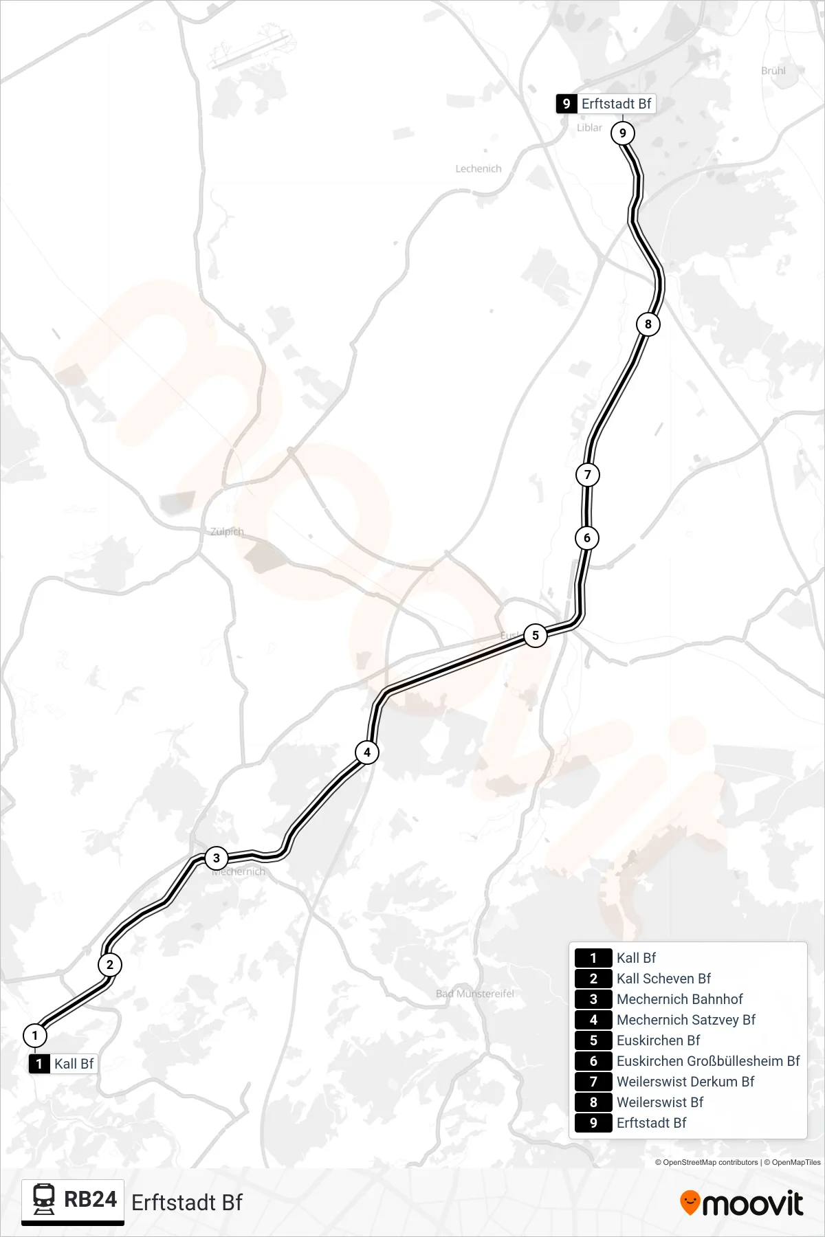 Linie RB24 (Bahn) Richtung Erftstadt Bf: Route und Haltestellen auf der Karte
