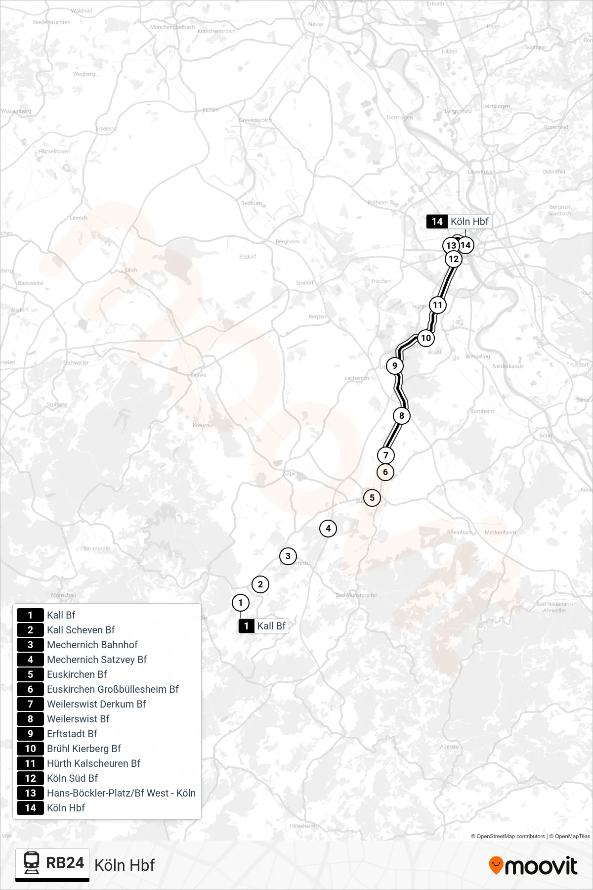 Linie RB24 (Bahn) Richtung Köln Hbf: Route und Haltestellen auf der Karte