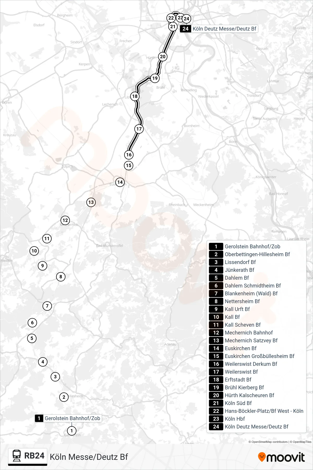 Linie RB24 (Bahn) Richtung Köln Messe/Deutz Bf: Route und Haltestellen auf der Karte