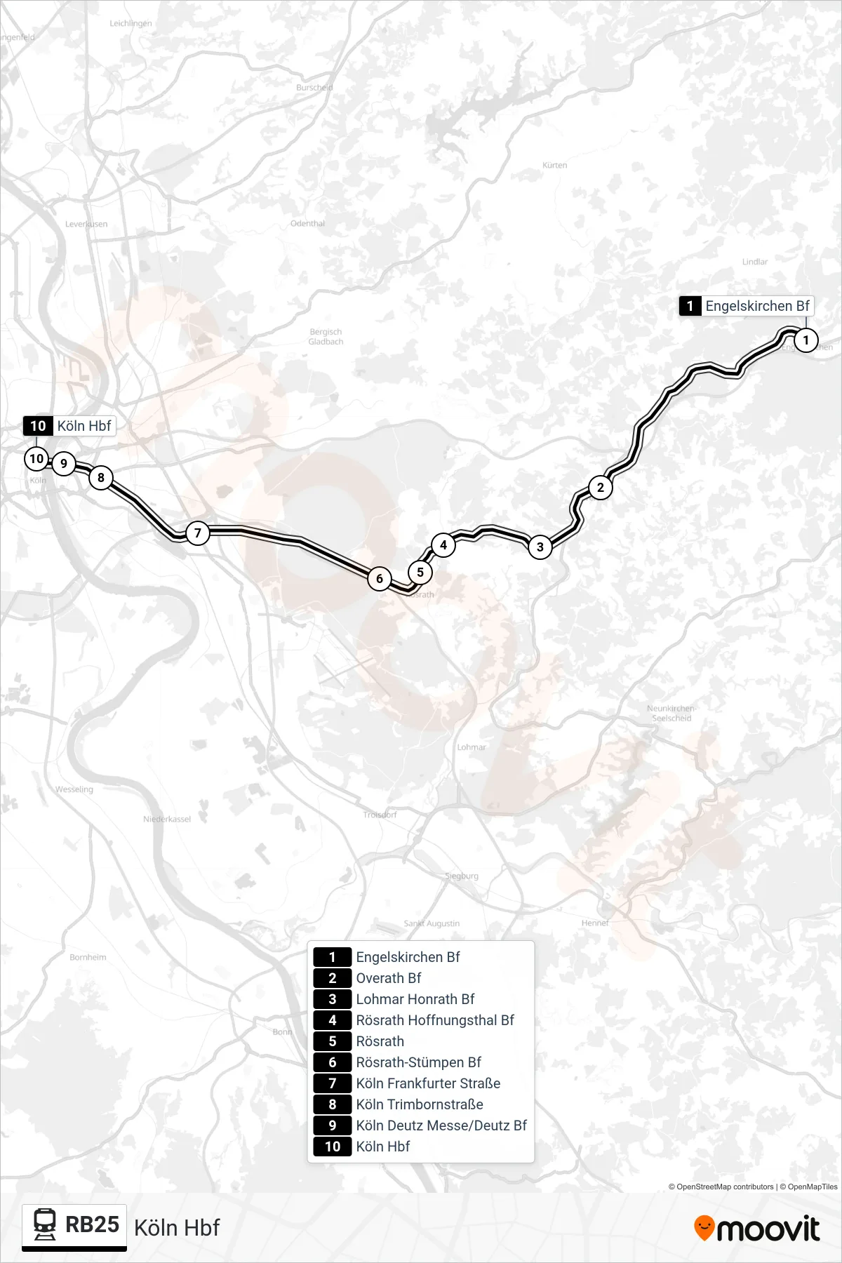 Linie RB25 (Bahn) Richtung Köln Hbf: Route und Haltestellen auf der Karte