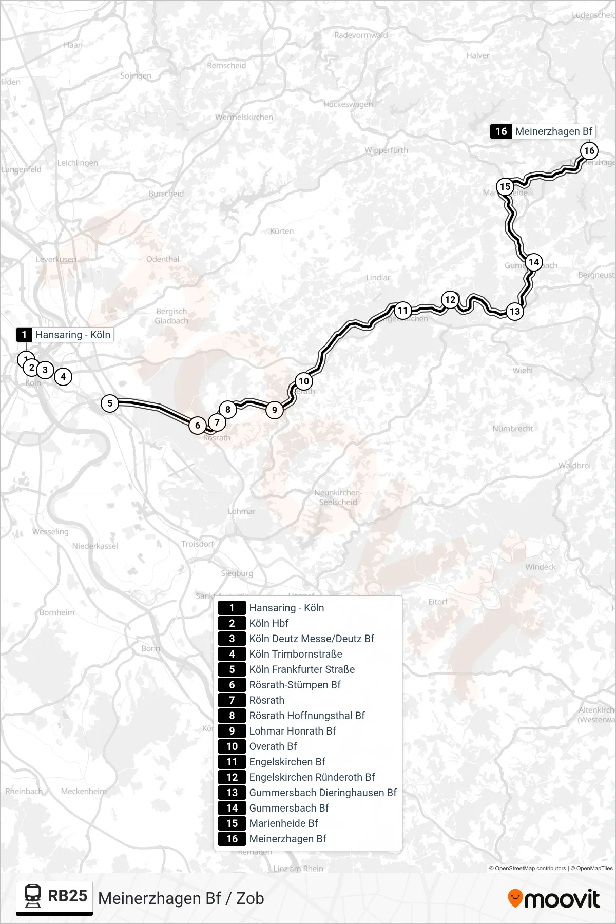 Linie RB25 (Bahn) Richtung Meinerzhagen Bf / Zob: Route und Haltestellen auf der Karte
