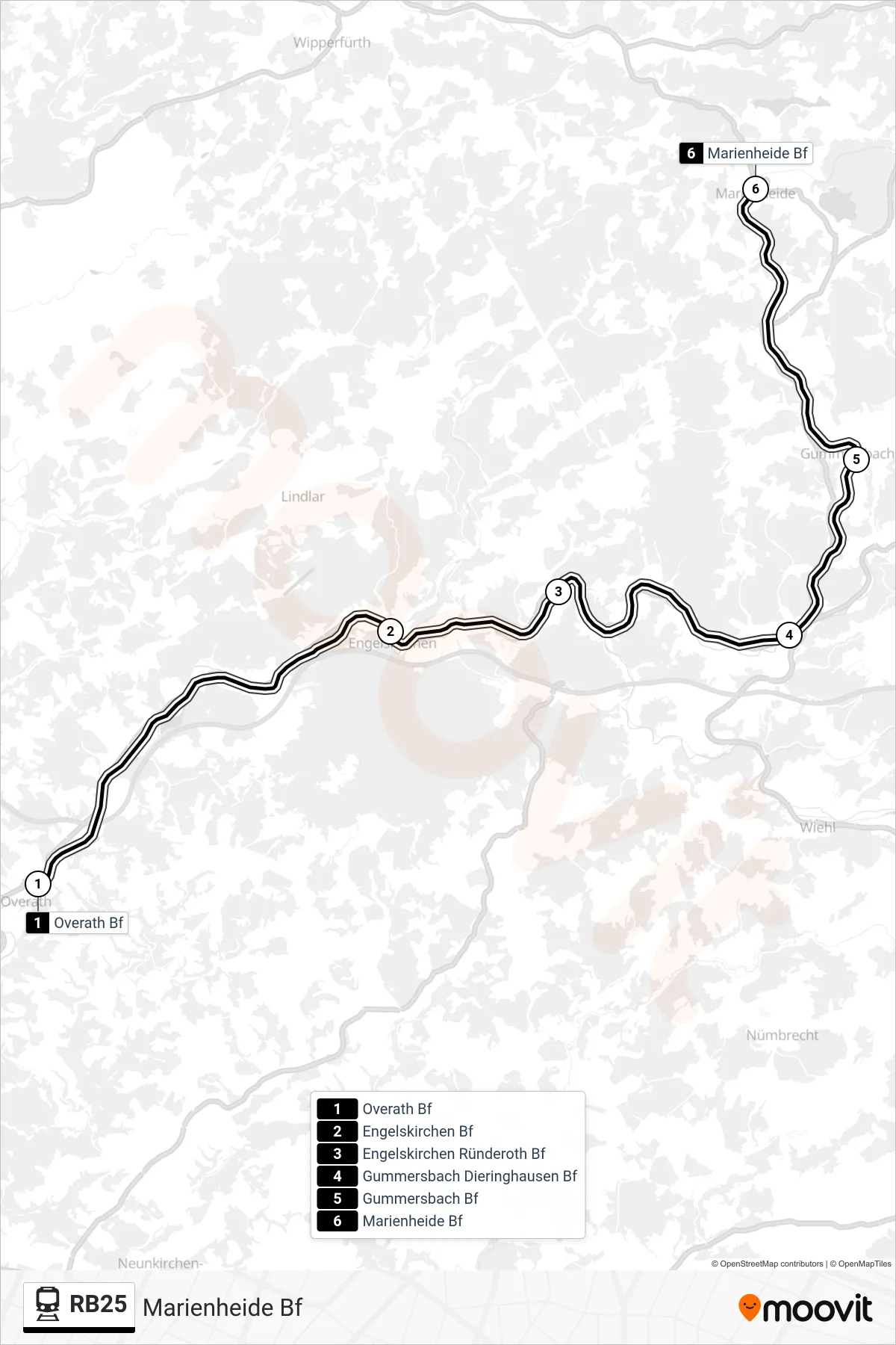 Linie RB25 (Bahn) Richtung Marienheide Bf: Route und Haltestellen auf der Karte