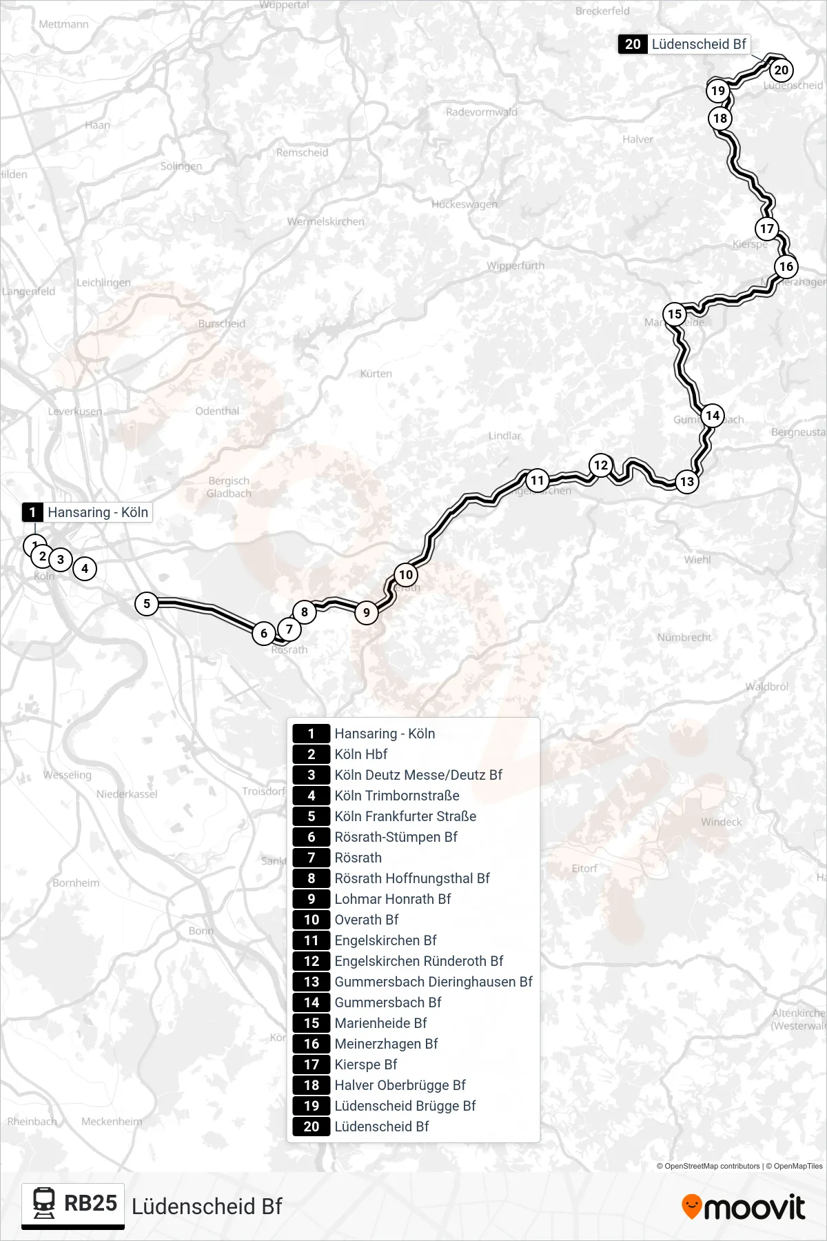 Linie RB25 (Bahn) Richtung Lüdenscheid Bf: Route und Haltestellen auf der Karte
