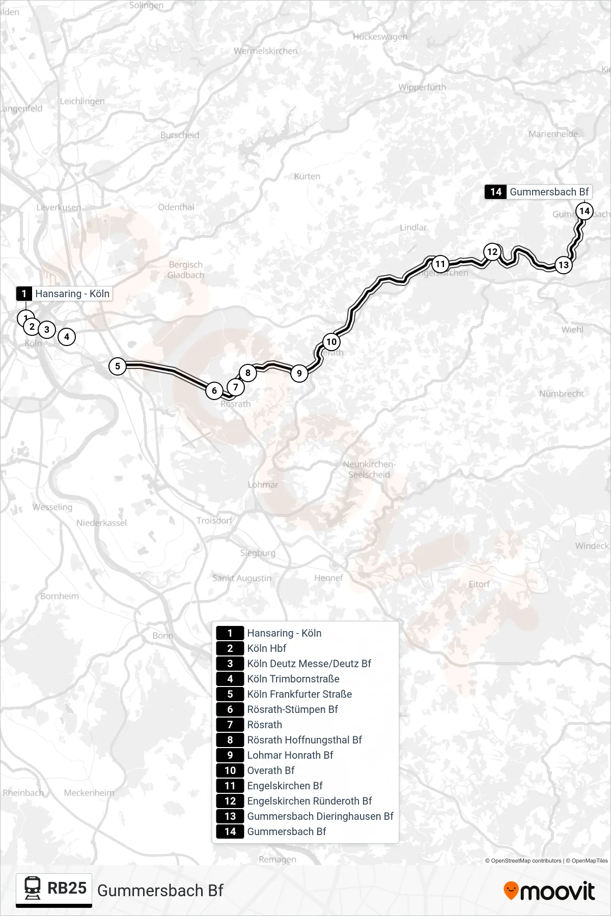 Linie RB25 (Bahn) Richtung Gummersbach Bf: Route und Haltestellen auf der Karte