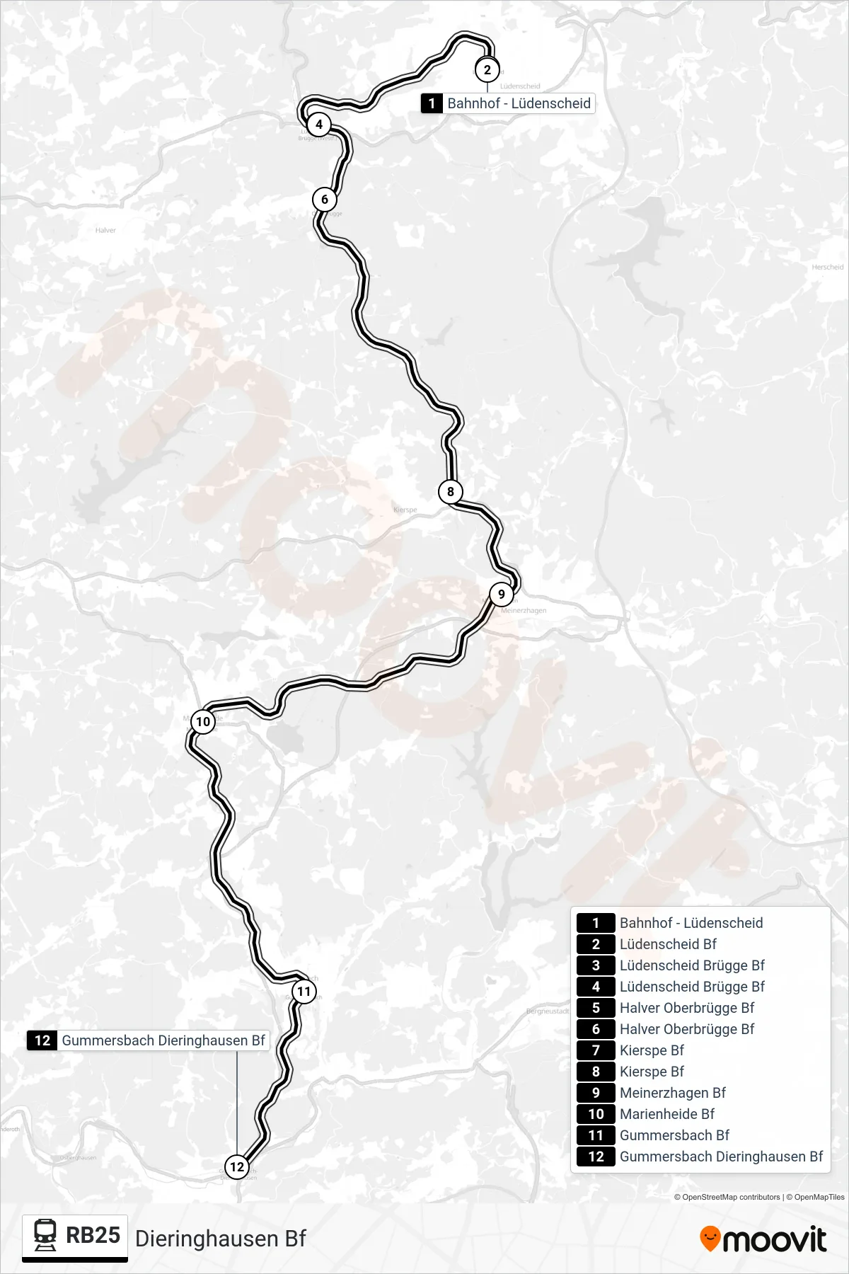 Linie RB25 (Bahn) Richtung Dieringhausen Bf: Route und Haltestellen auf der Karte