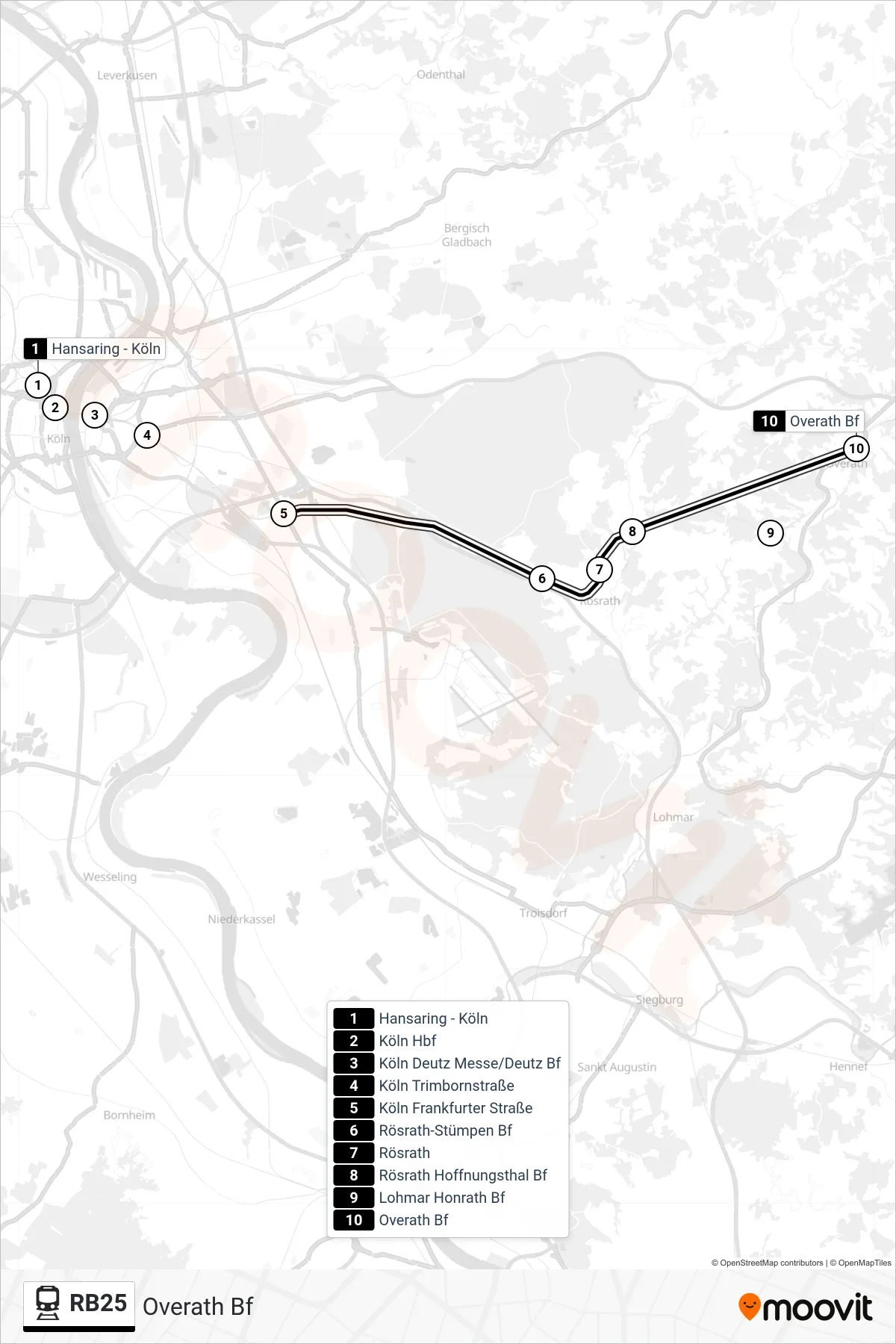 Linie RB25 (Bahn) Richtung Overath Bf: Route und Haltestellen auf der Karte