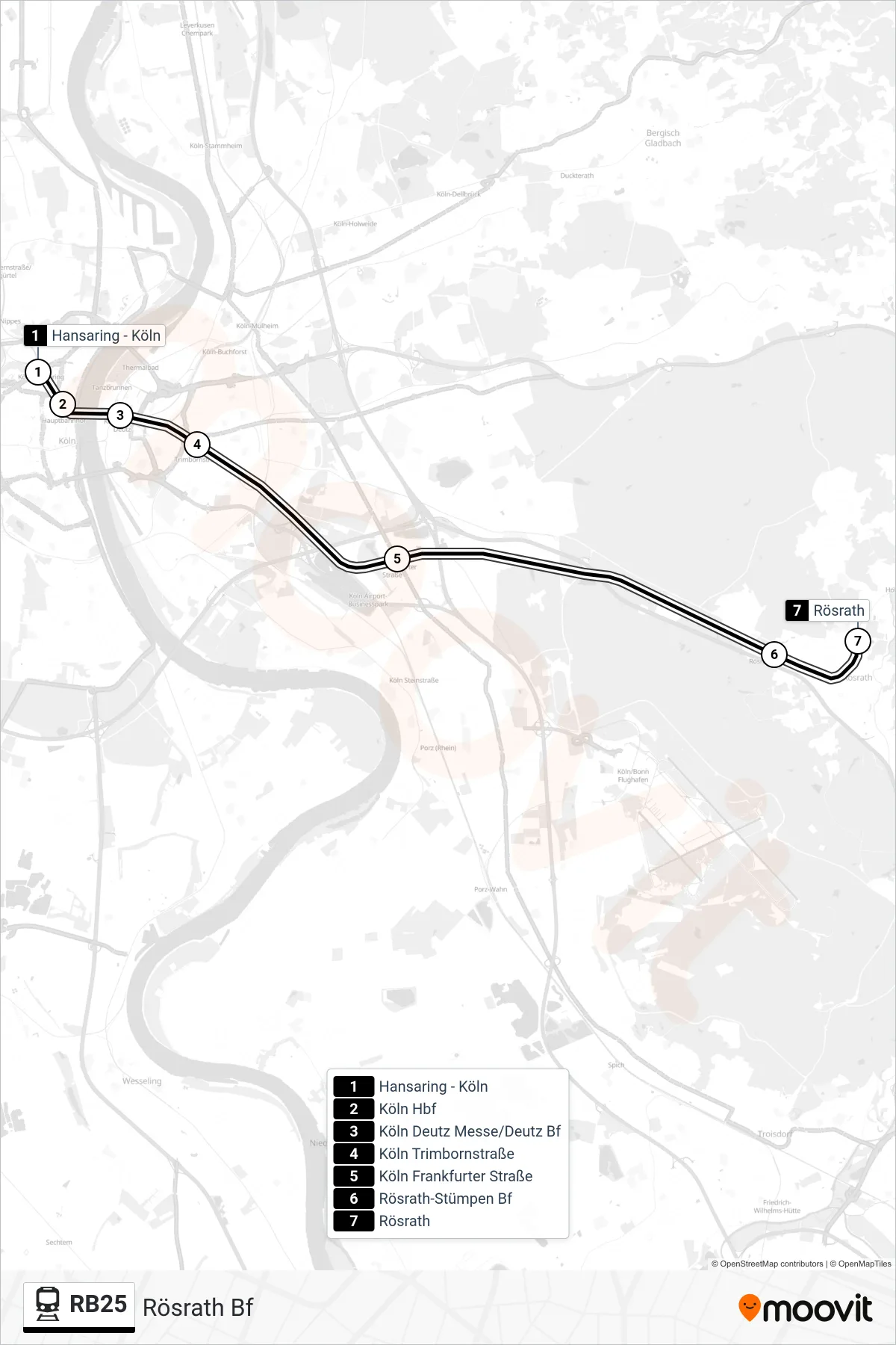Linie RB25 (Bahn) Richtung Rösrath Bf: Route und Haltestellen auf der Karte