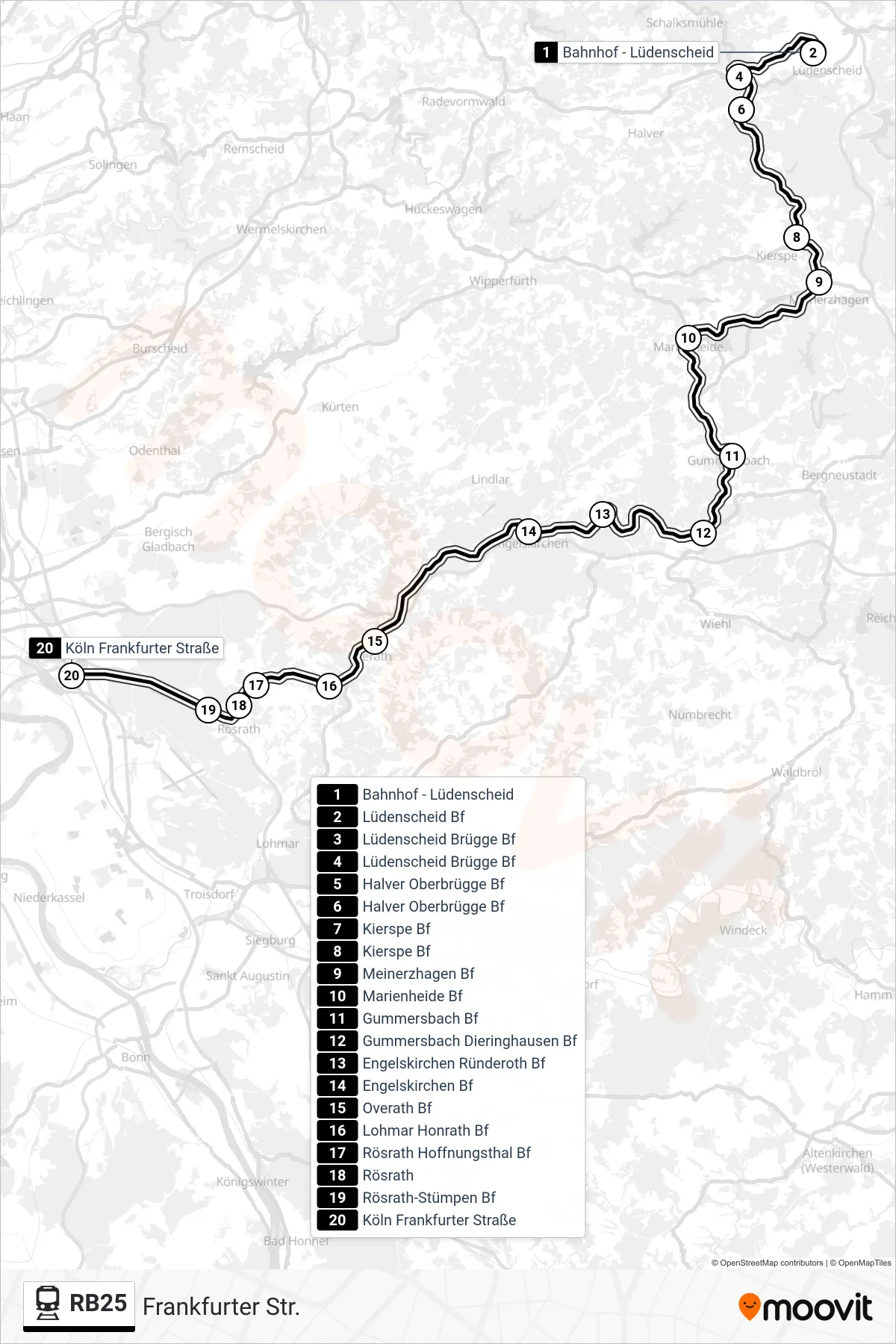 Linie RB25 (Bahn) Richtung Frankfurter Str.: Route und Haltestellen auf der Karte