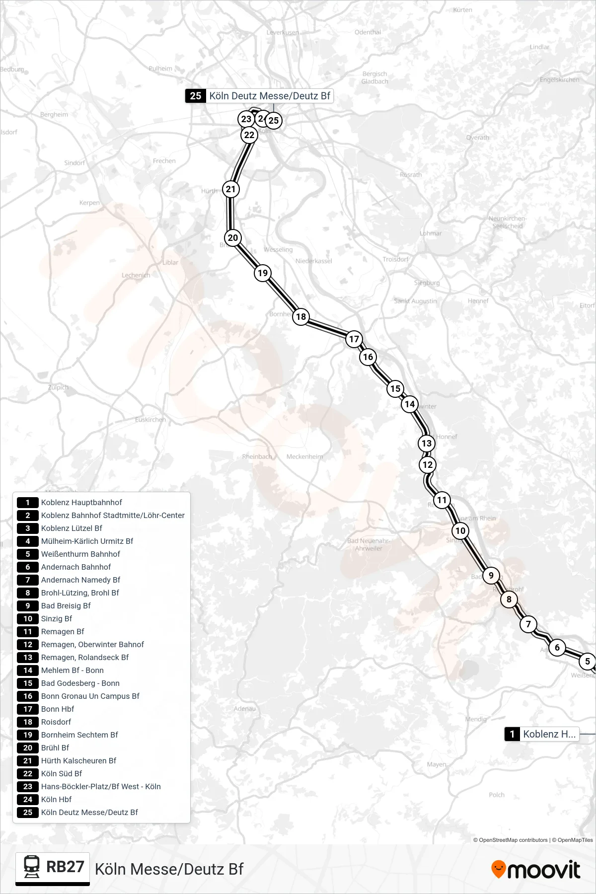 Linie RB27 (Bahn) Richtung Köln Messe/Deutz Bf: Route und Haltestellen auf der Karte