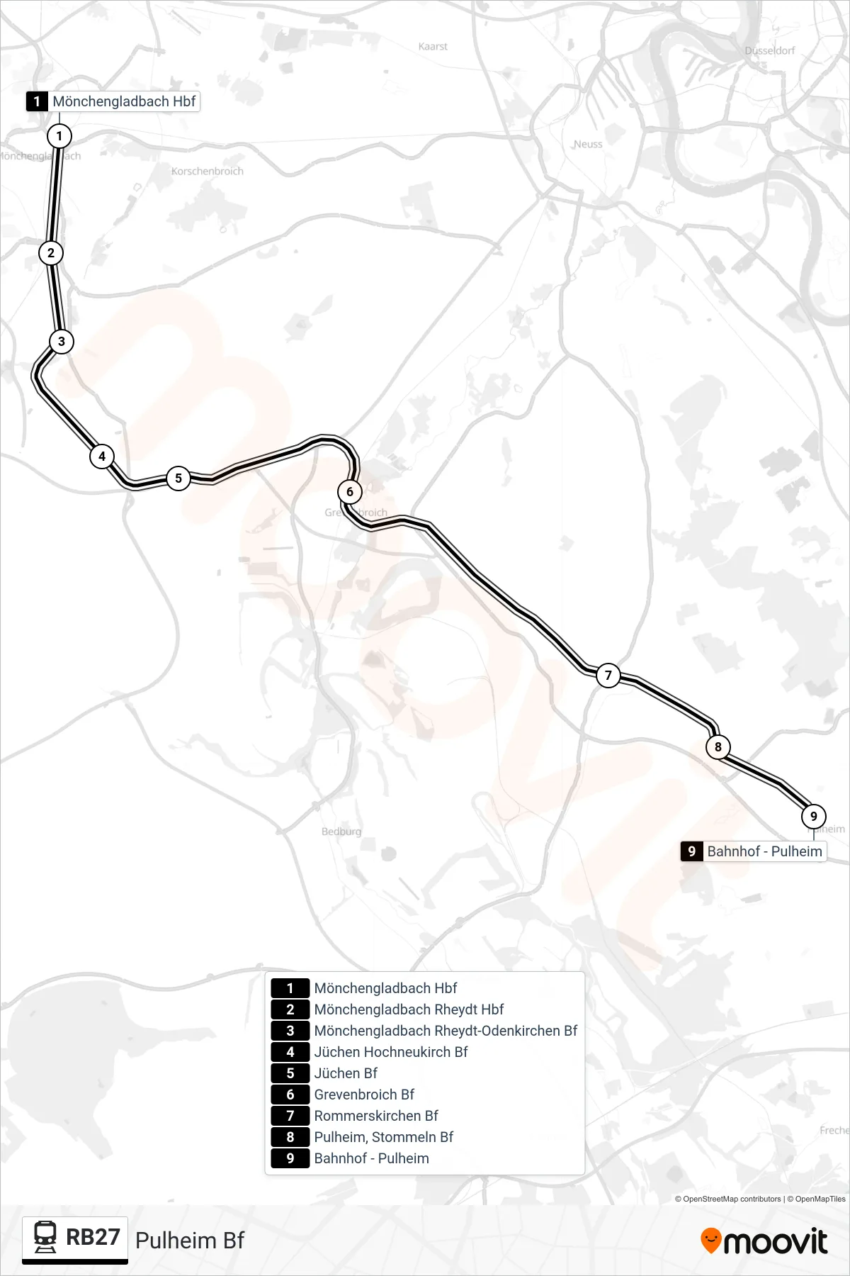 Linie RB27 (Bahn) Richtung Pulheim Bf: Route und Haltestellen auf der Karte