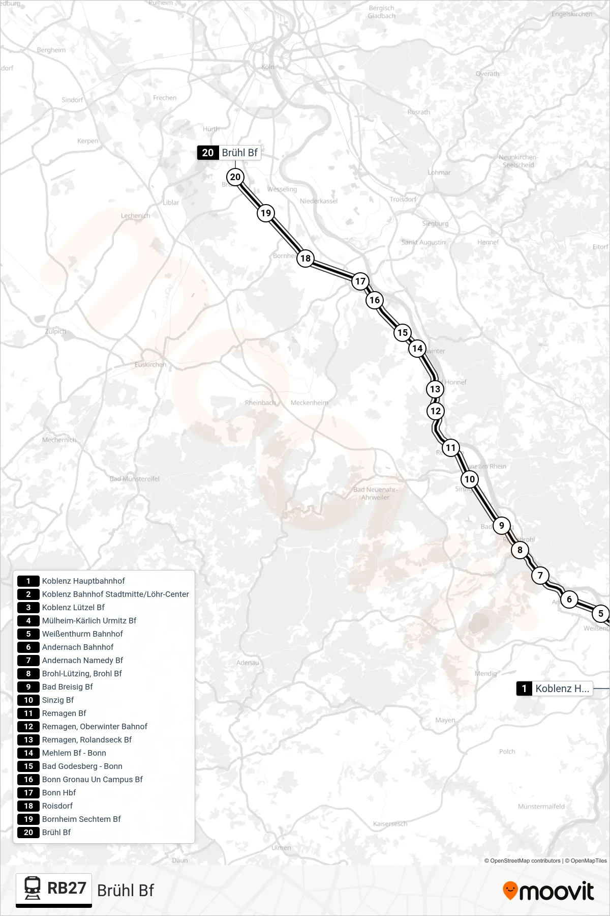 Linie RB27 (Bahn) Richtung Brühl Bf: Route und Haltestellen auf der Karte
