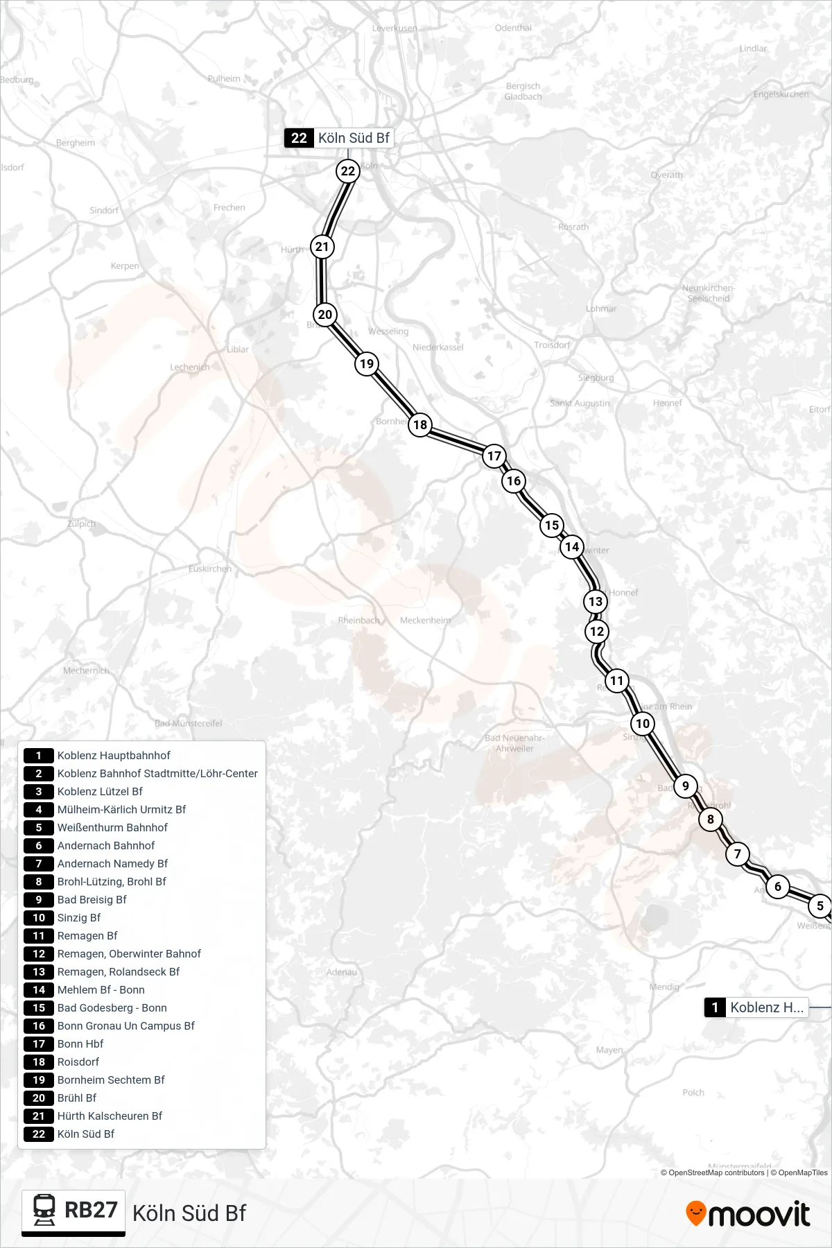 Linie RB27 (Bahn) Richtung Köln Süd Bf: Route und Haltestellen auf der Karte