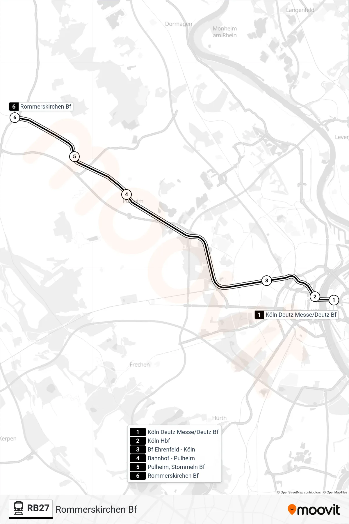 Linie RB27 (Bahn) Richtung Rommerskirchen Bf: Route und Haltestellen auf der Karte