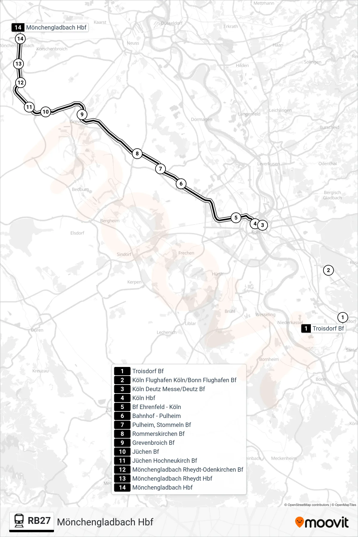 Linie RB27 (Bahn) Richtung Mönchengladbach Hbf: Route und Haltestellen auf der Karte