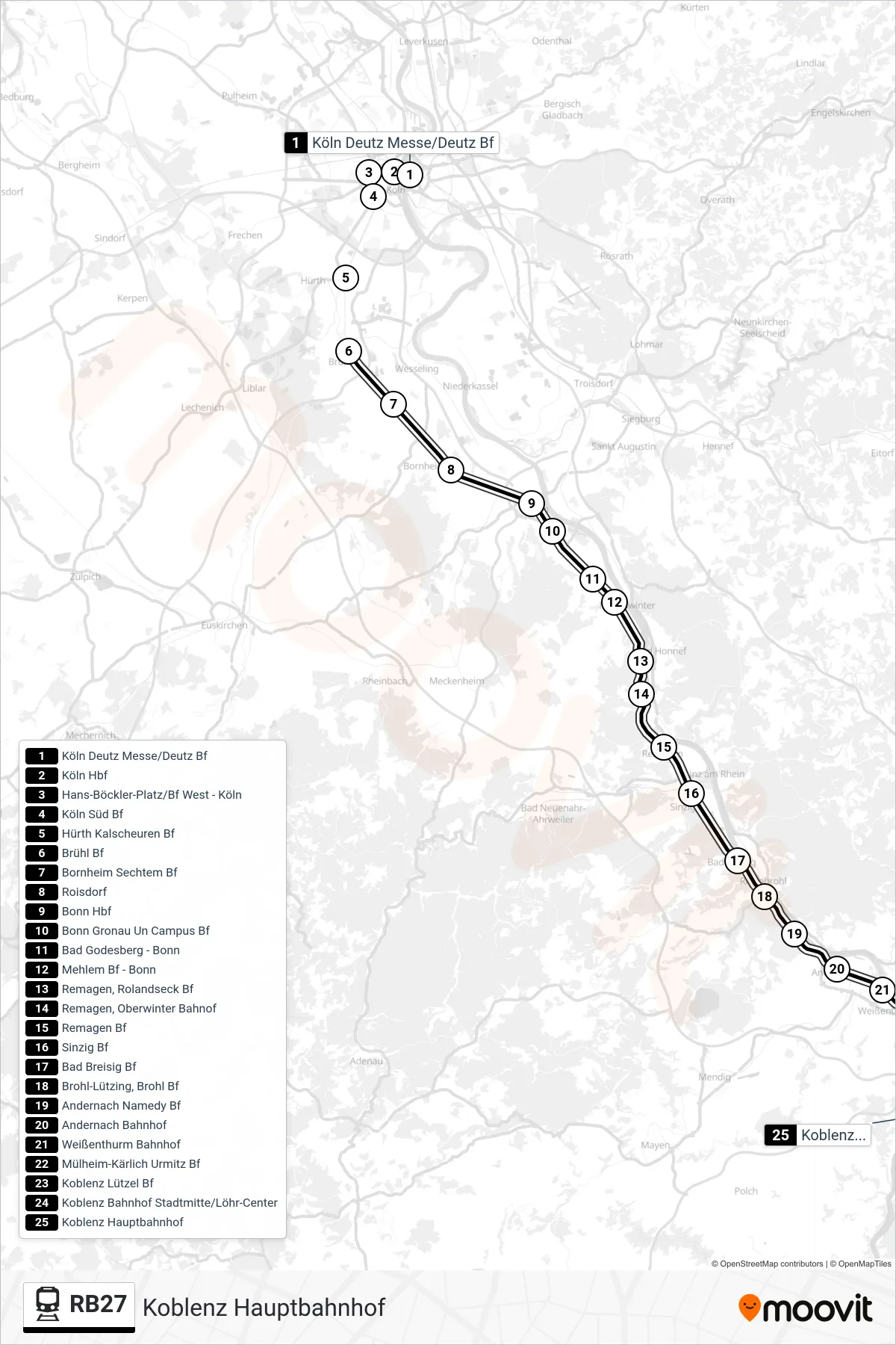 Linie RB27 (Bahn) Richtung Koblenz Hauptbahnhof: Route und Haltestellen auf der Karte