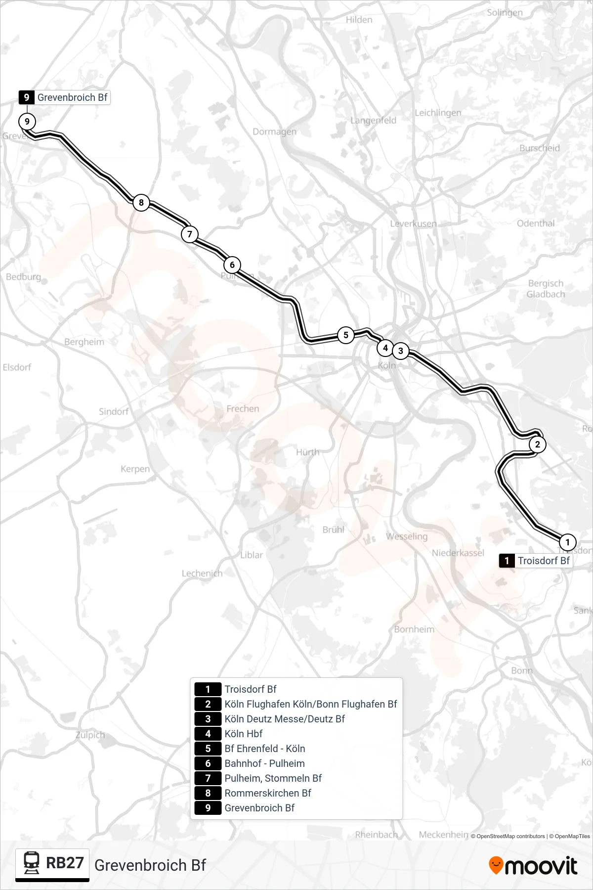 Linie RB27 (Bahn) Richtung Grevenbroich Bf: Route und Haltestellen auf der Karte