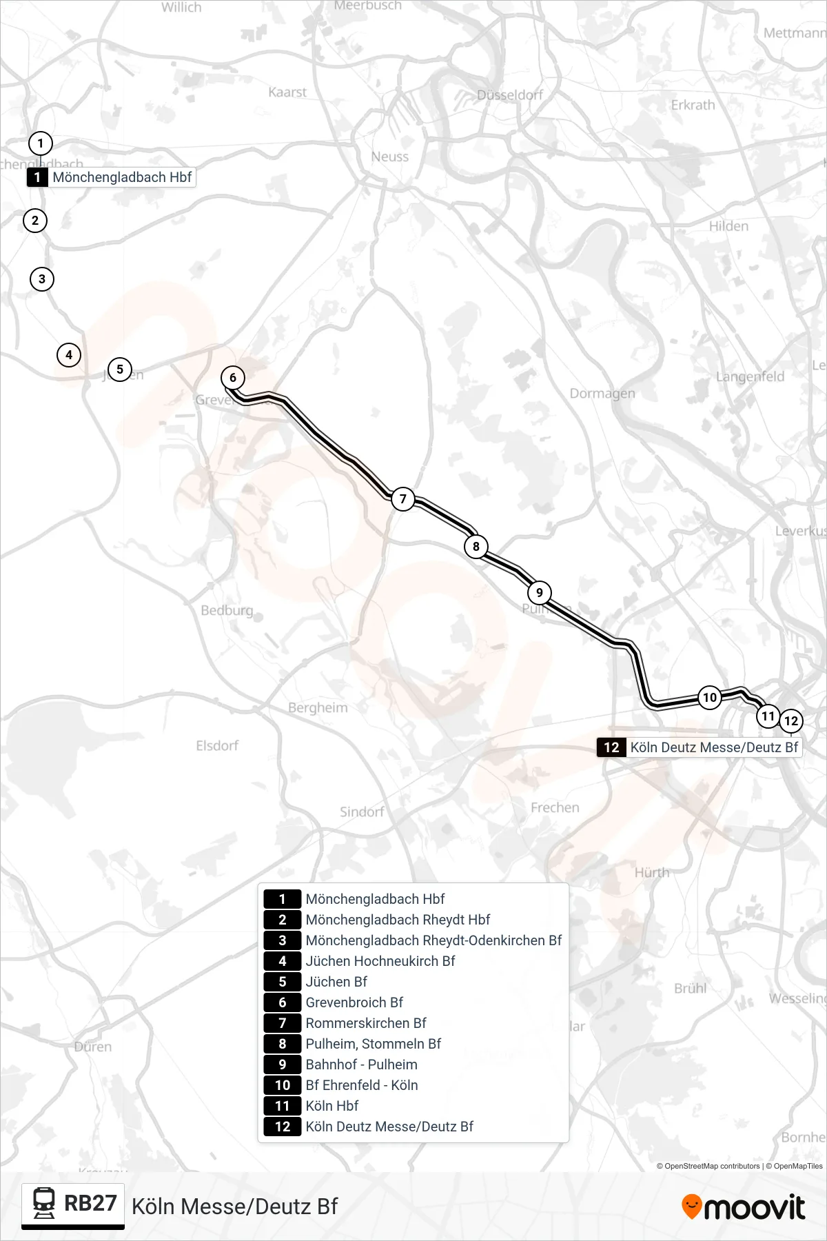 Linie RB27 (Bahn) Richtung Köln Messe/Deutz Bf: Route und Haltestellen auf der Karte
