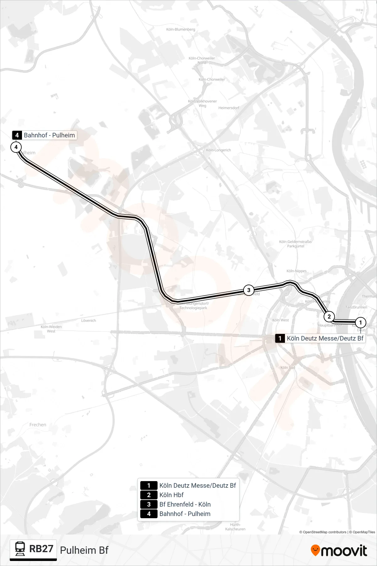 Linie RB27 (Bahn) Richtung Pulheim Bf: Route und Haltestellen auf der Karte