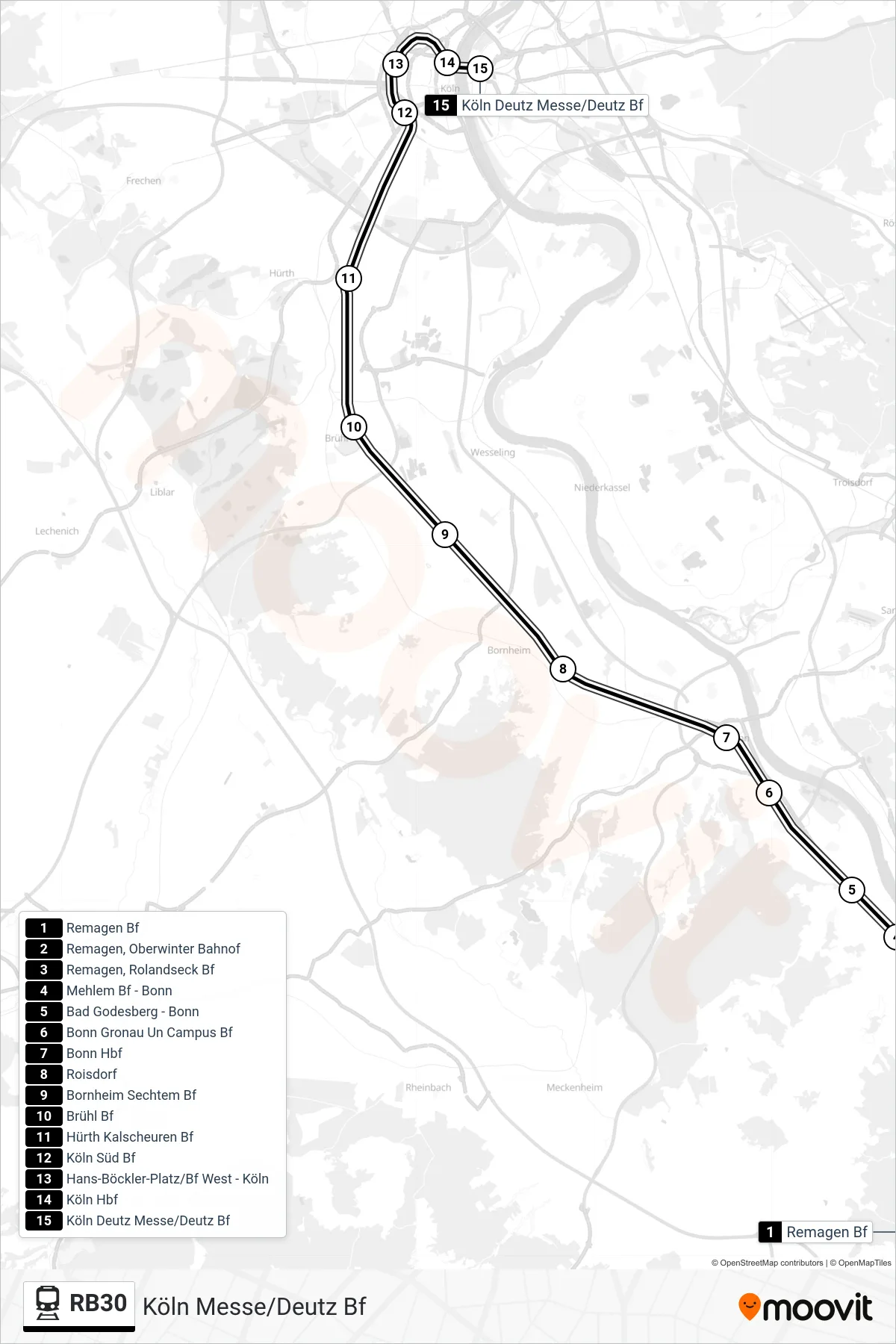 RB30 train Line (Köln Messe/Deutz Bf) route and stops on a map