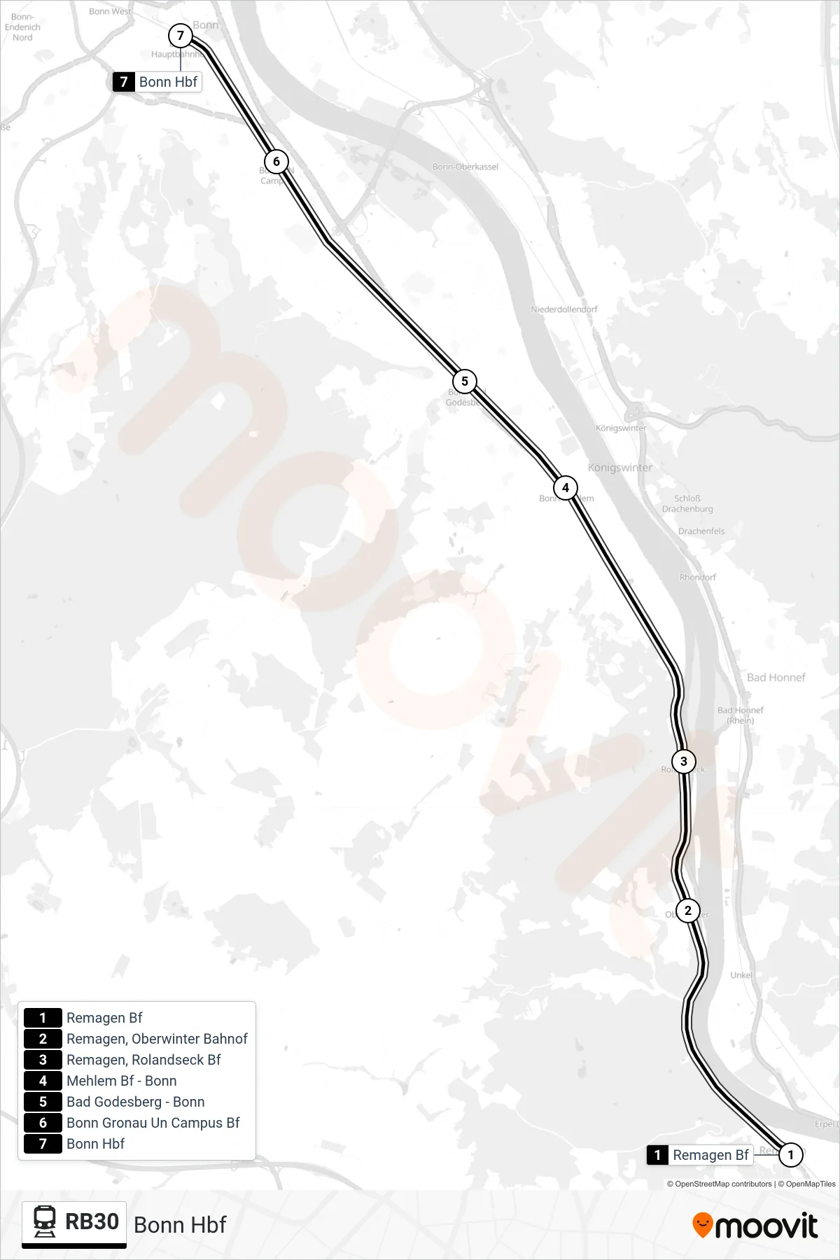 Linie RB30 (Bahn) Richtung Bonn Hbf: Route und Haltestellen auf der Karte