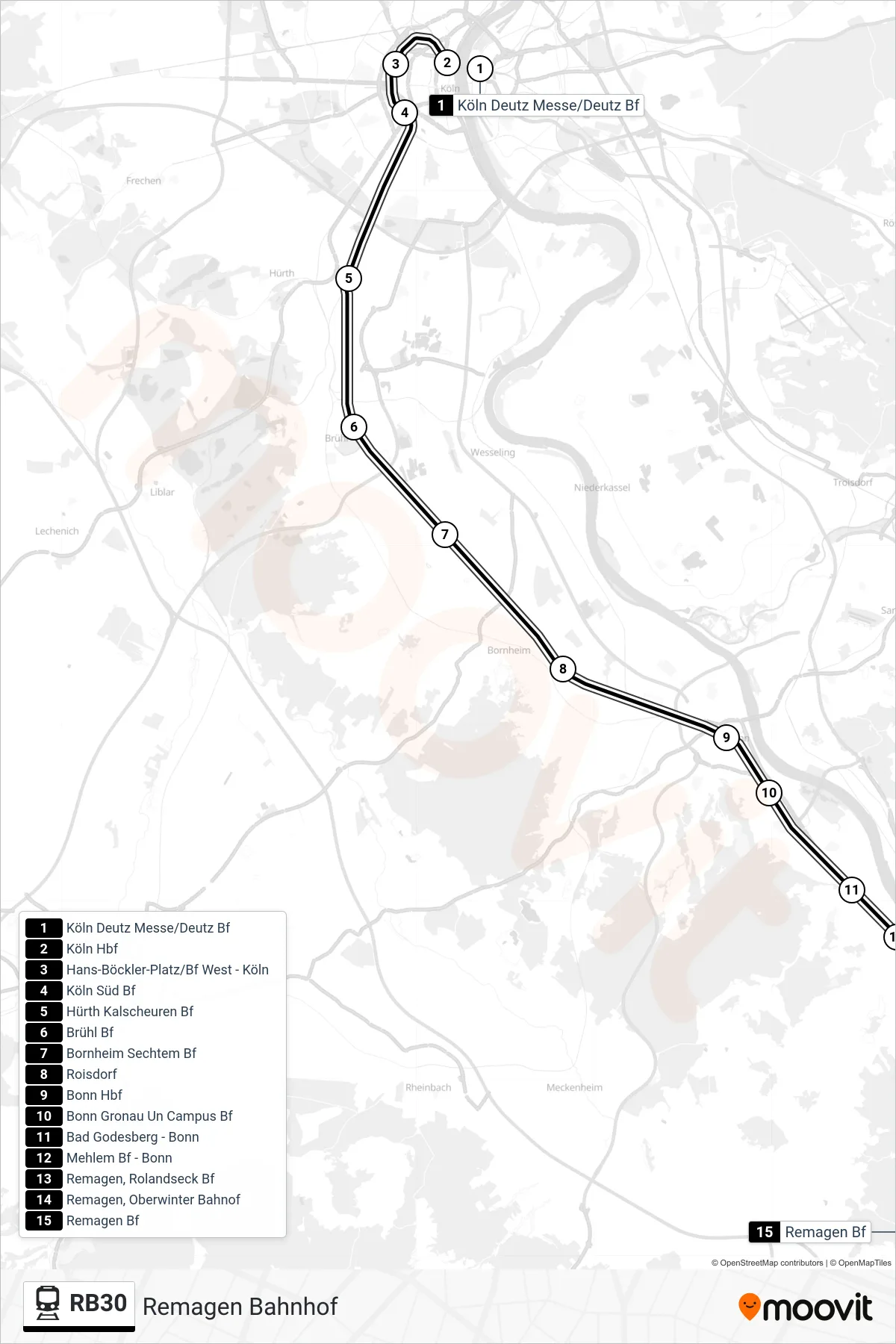 RB30 rail Line (Remagen Bahnhof) route and stops on a map