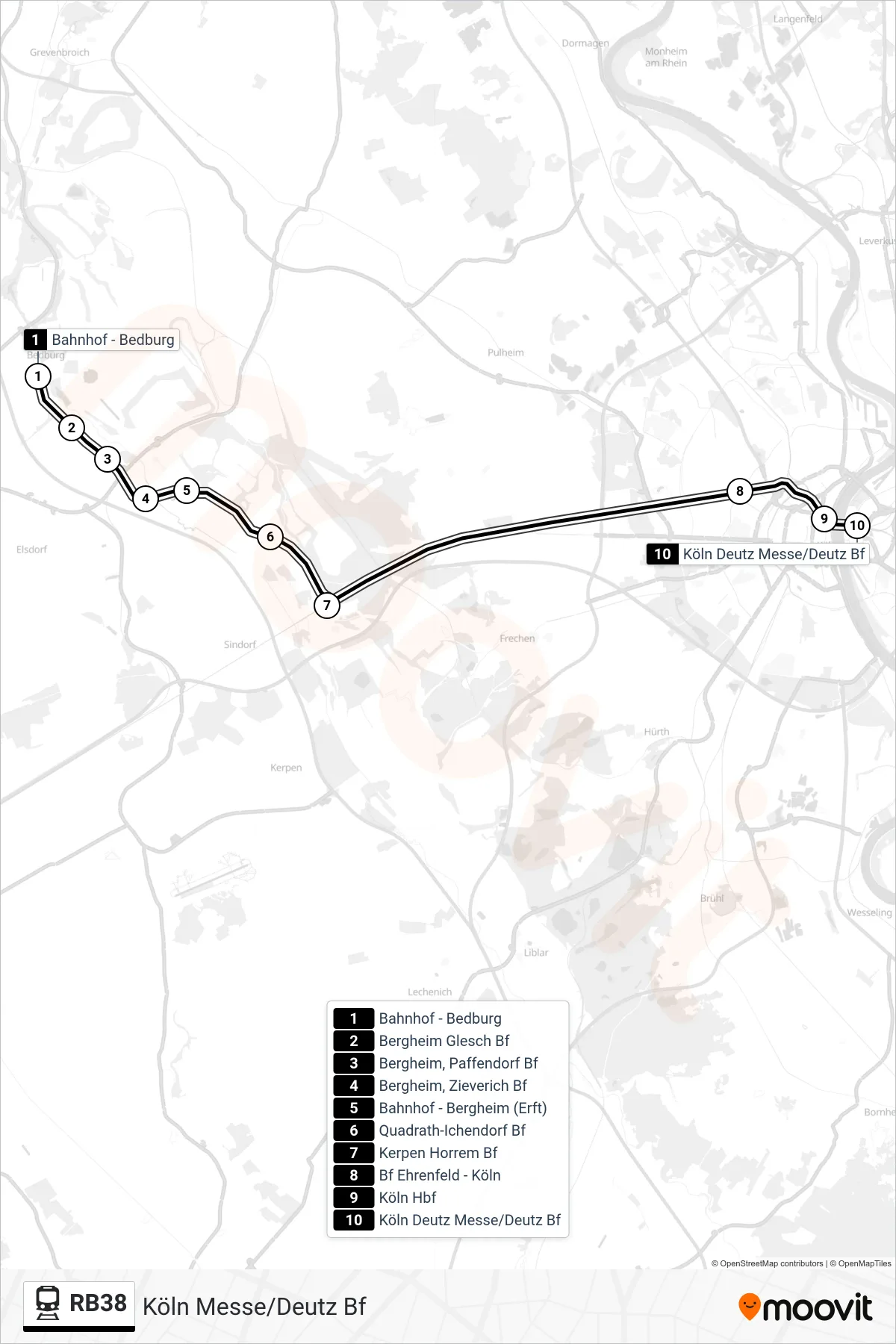 Linie RB38 (Bahn) Richtung Köln Messe/Deutz Bf: Route und Haltestellen auf der Karte