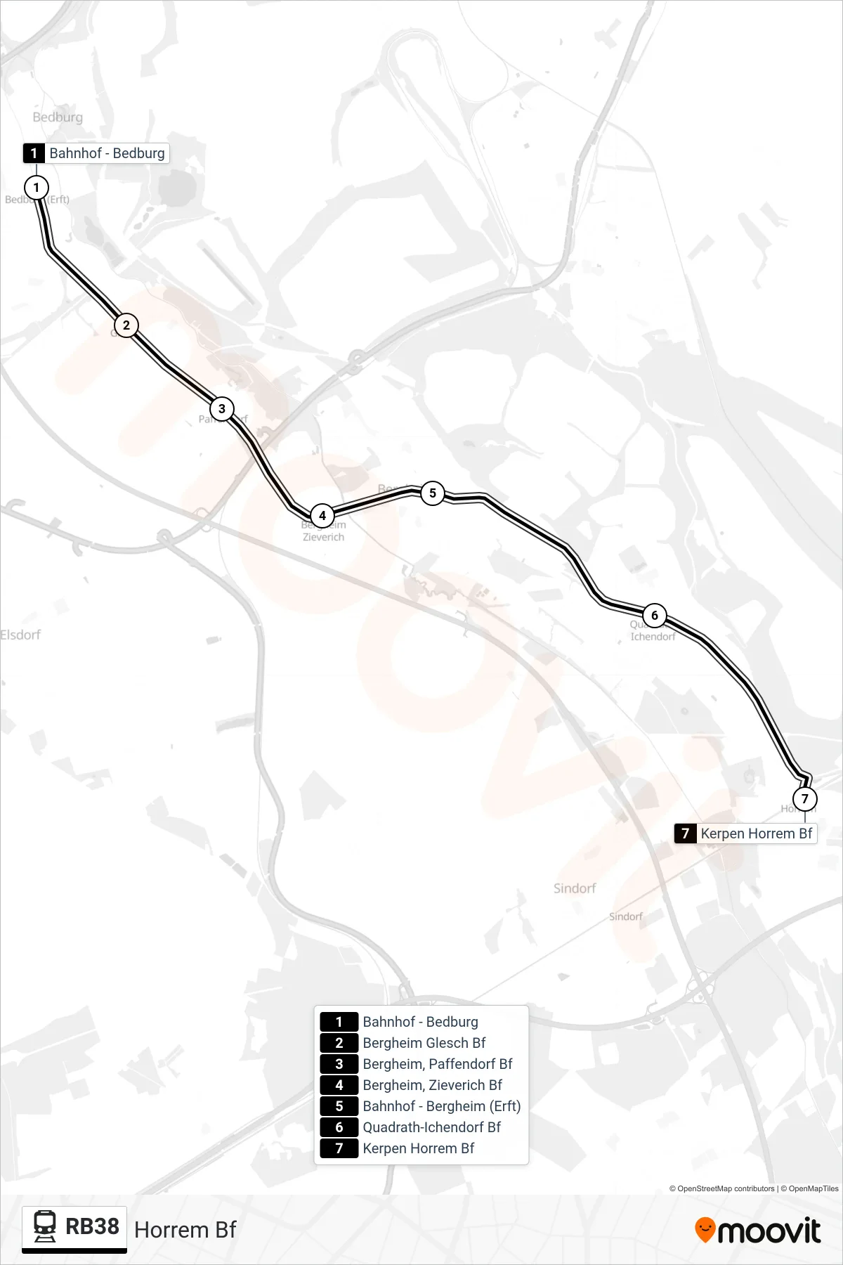 Linie RB38 (Bahn) Richtung Horrem Bf: Route und Haltestellen auf der Karte