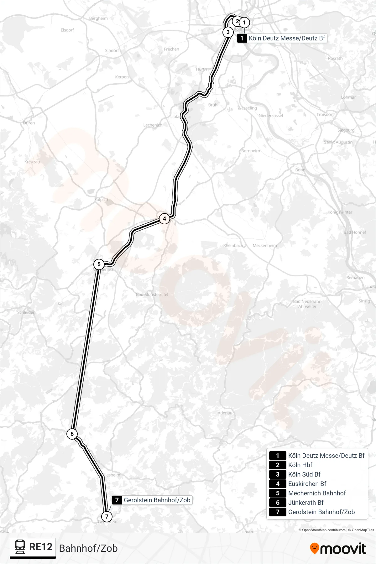 Linie RE12 (Bahn) Richtung Bahnhof/Zob: Route und Haltestellen auf der Karte