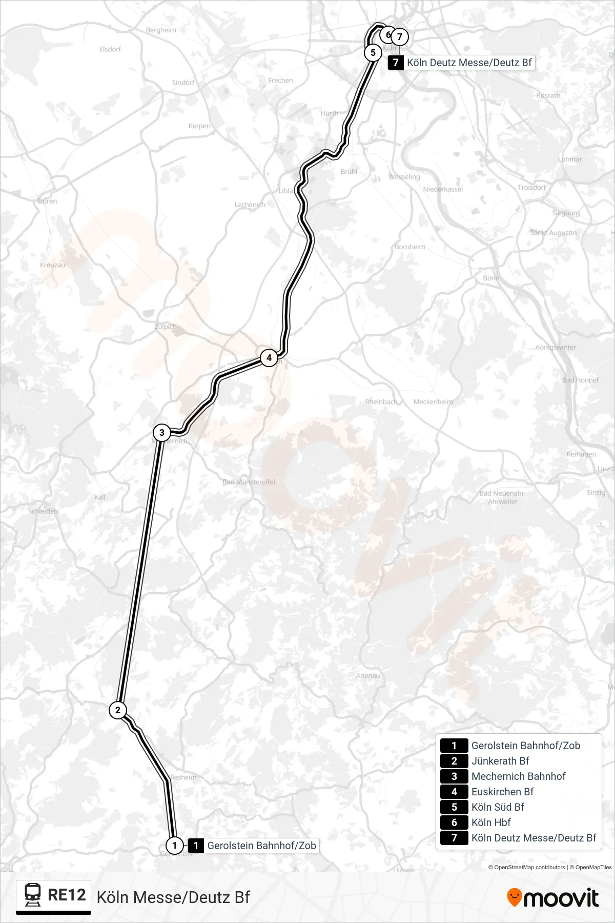 Linie RE12 (Bahn) Richtung Köln Messe/Deutz Bf: Route und Haltestellen auf der Karte