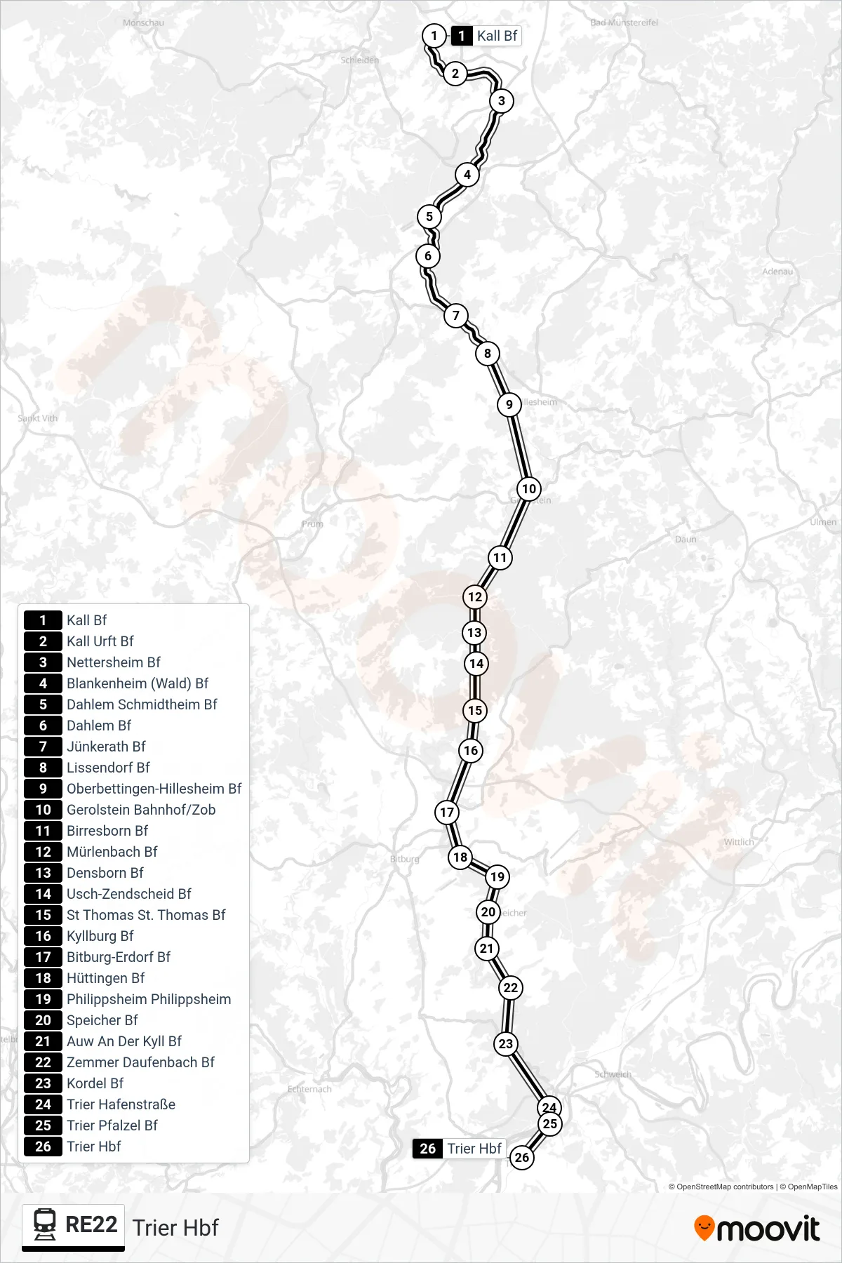 RE22 rail Line (Trier Hbf) route and stops on a map