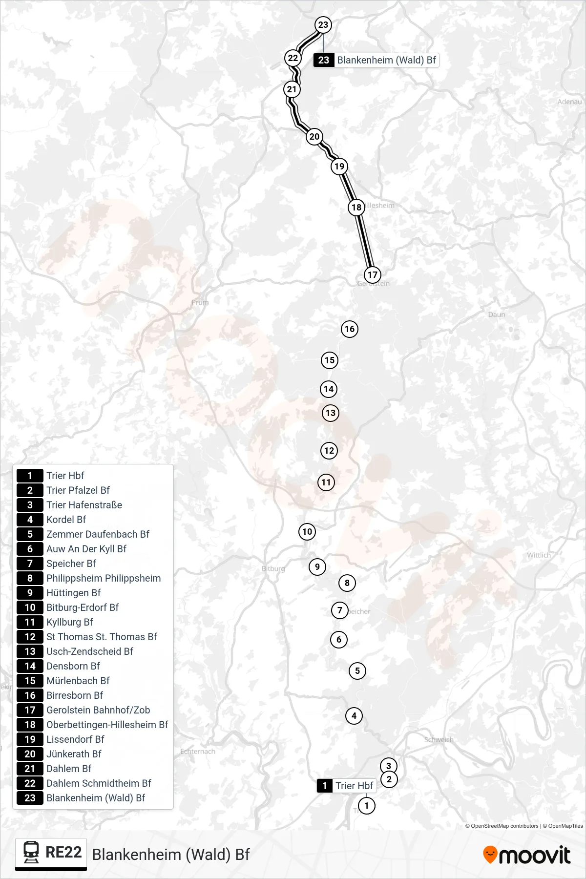 RE22 train Line (Blankenheim (Wald) Bf) route and stops on a map