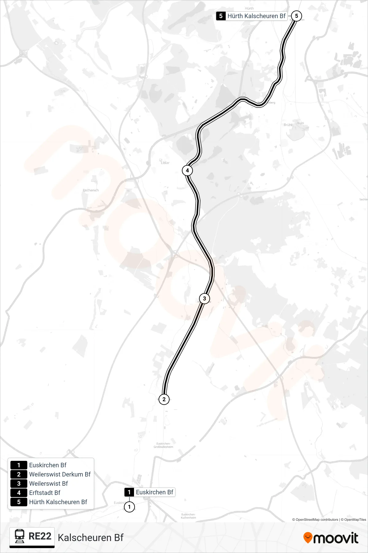 Linie RE22 (Bahn) Richtung Kalscheuren Bf: Route und Haltestellen auf der Karte
